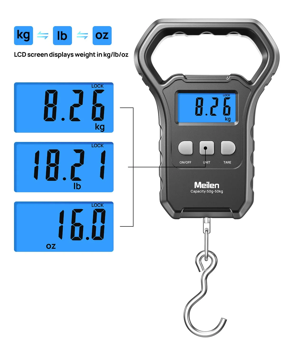 Meilen Bilancia Digitale per Bagagli e Pesca, 50kg/110lb - immagine 2