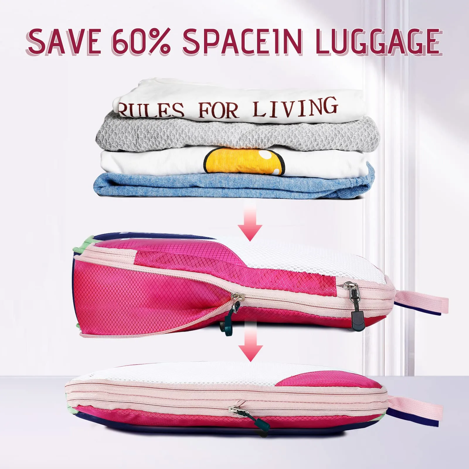 AiQInu Set Organizer Valigia a Compressione 5 Pezzi, Salvaspazio Espandibile per Vestiti, Scarpe e Intimo, Rosa - immagine 2