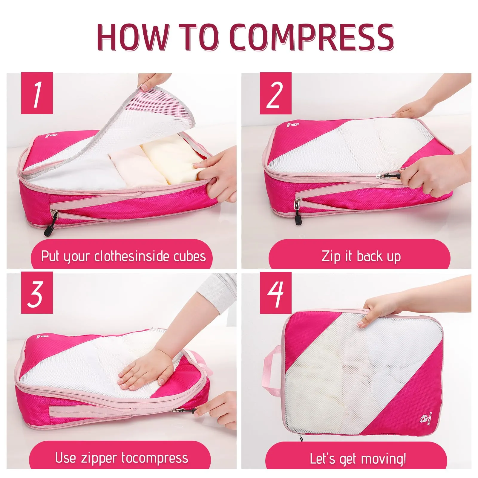AiQInu Set Organizer Valigia a Compressione 5 Pezzi, Salvaspazio Espandibile per Vestiti, Scarpe e Intimo, Rosa - immagine 3