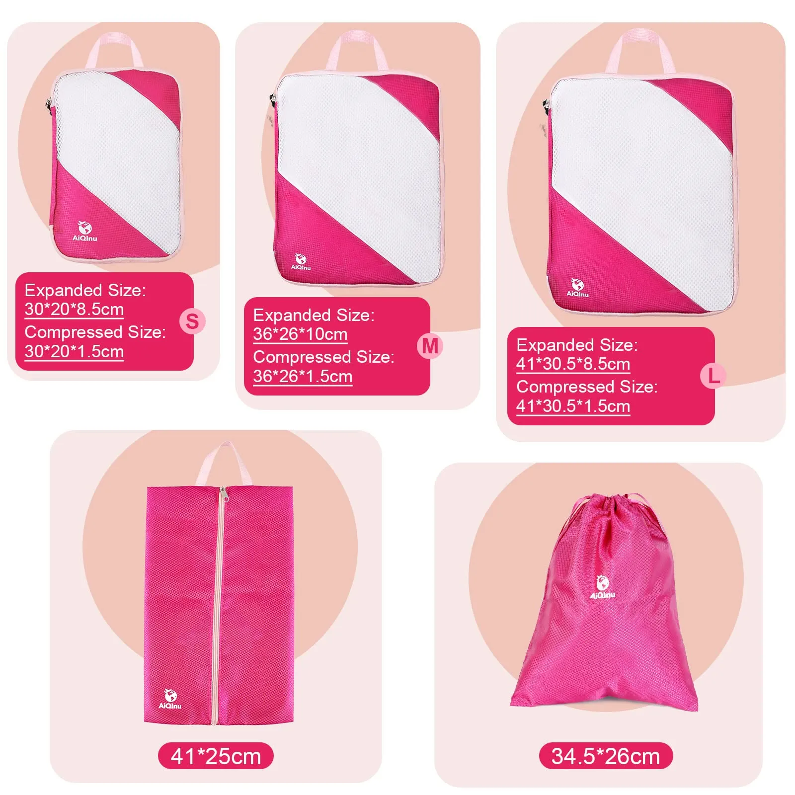AiQInu Set Organizer Valigia a Compressione 5 Pezzi, Salvaspazio Espandibile per Vestiti, Scarpe e Intimo, Rosa - immagine 4