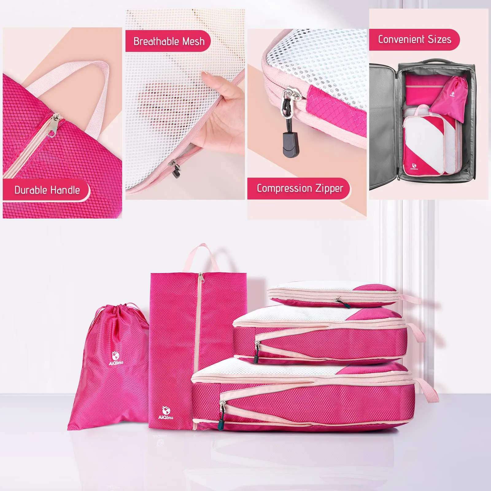 AiQInu Set Organizer Valigia a Compressione 5 Pezzi, Salvaspazio Espandibile per Vestiti, Scarpe e Intimo, Rosa - immagine 5