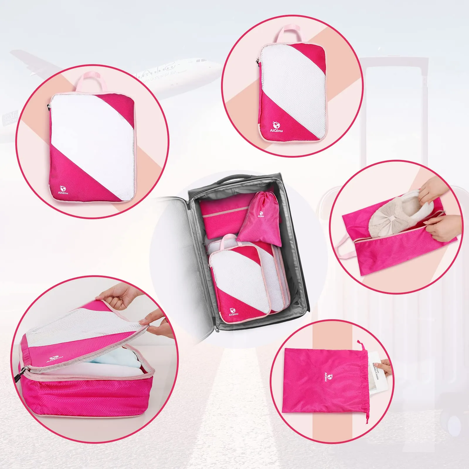 AiQInu Set Organizer Valigia a Compressione 5 Pezzi, Salvaspazio Espandibile per Vestiti, Scarpe e Intimo, Rosa - immagine 7