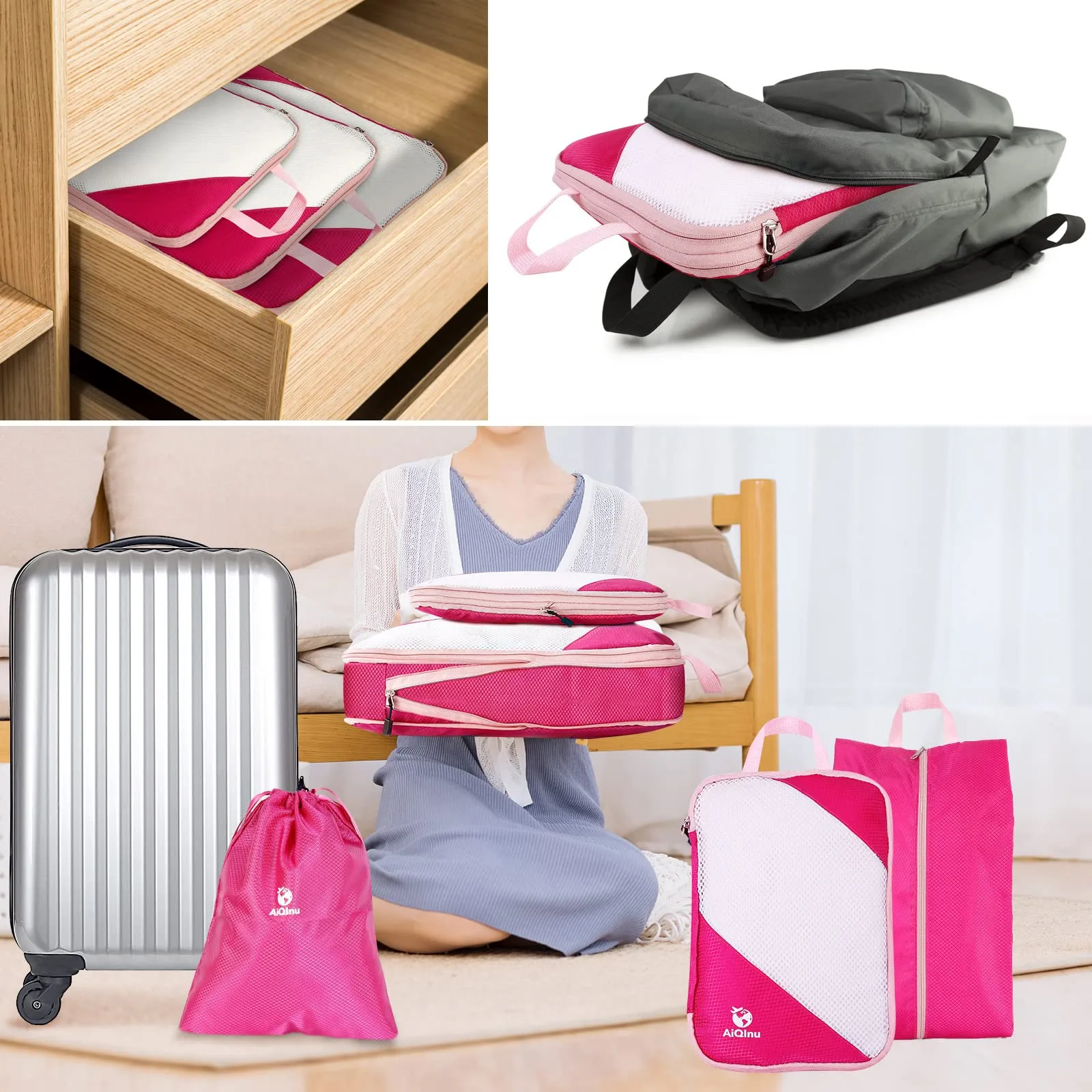 AiQInu Set Organizer Valigia a Compressione 5 Pezzi, Salvaspazio Espandibile per Vestiti, Scarpe e Intimo, Rosa - immagine 8