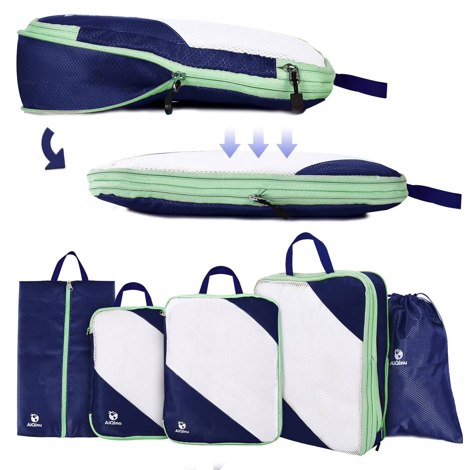 AiQInu Organizer Valigia Set da 5 Pezzi, Packing Cube a Compressione Salvaspazio Espandibile per Vestiti, Scarpe e Intimo (Blu scuro) - immagine 1