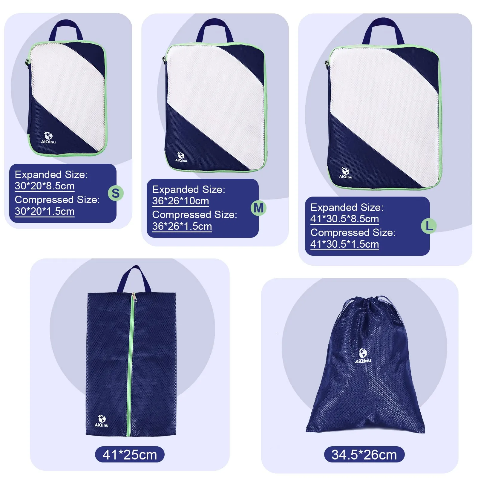 AiQInu Organizer Valigia Set da 5 Pezzi, Packing Cube a Compressione Salvaspazio Espandibile per Vestiti, Scarpe e Intimo (Blu scuro) - immagine 4