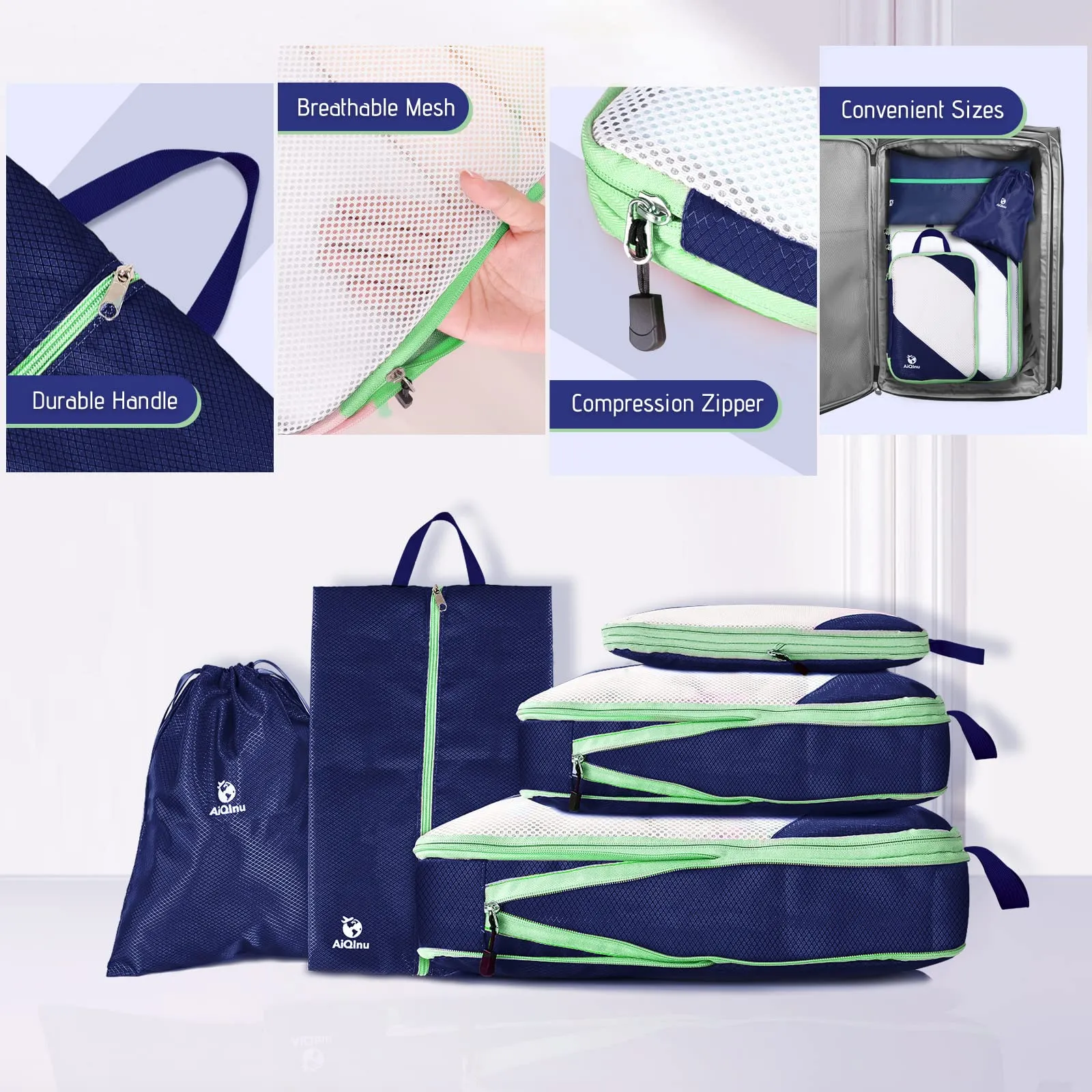 AiQInu Organizer Valigia Set da 5 Pezzi, Packing Cube a Compressione Salvaspazio Espandibile per Vestiti, Scarpe e Intimo (Blu scuro) - immagine 5