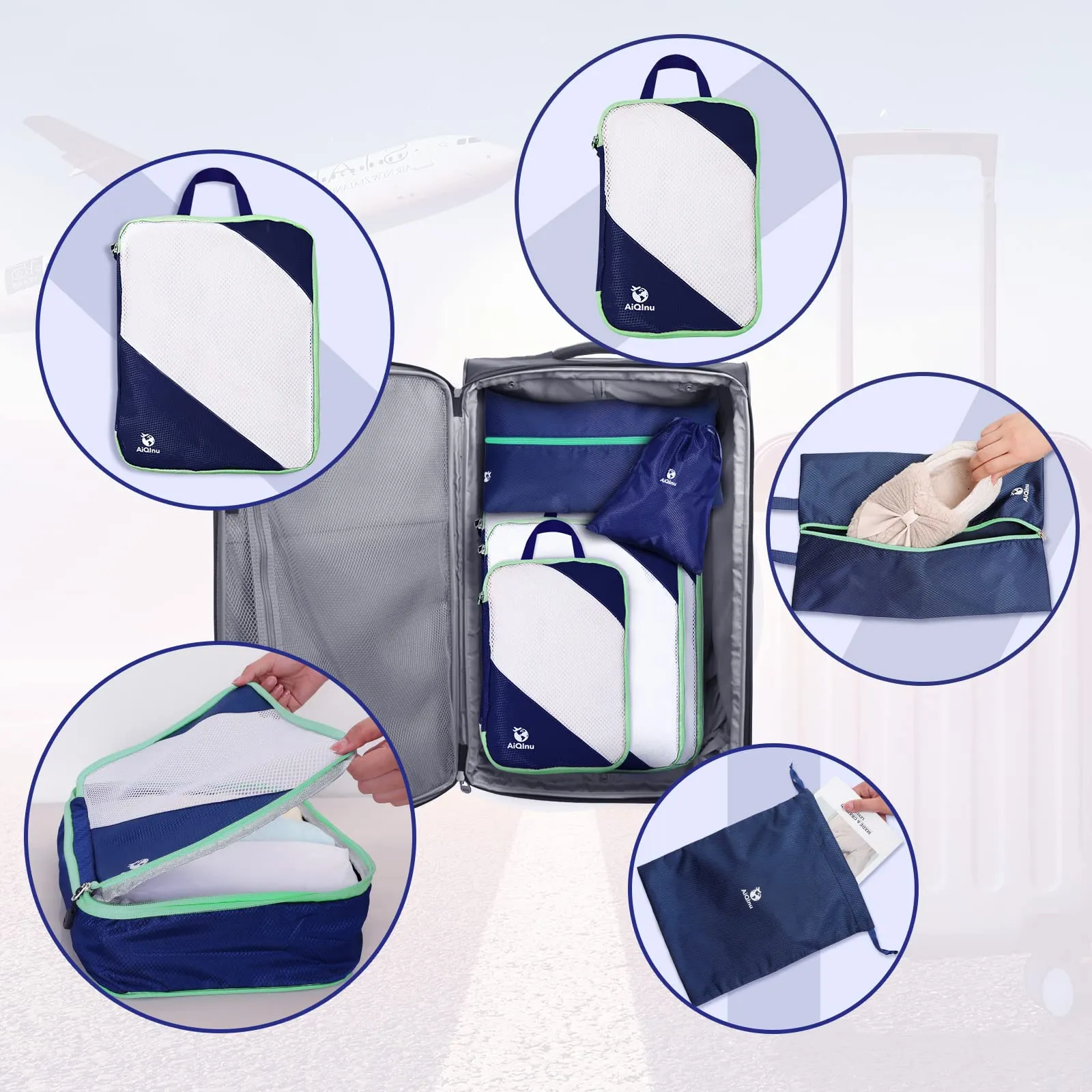 AiQInu Organizer Valigia Set da 5 Pezzi, Packing Cube a Compressione Salvaspazio Espandibile per Vestiti, Scarpe e Intimo (Blu scuro) - immagine 7