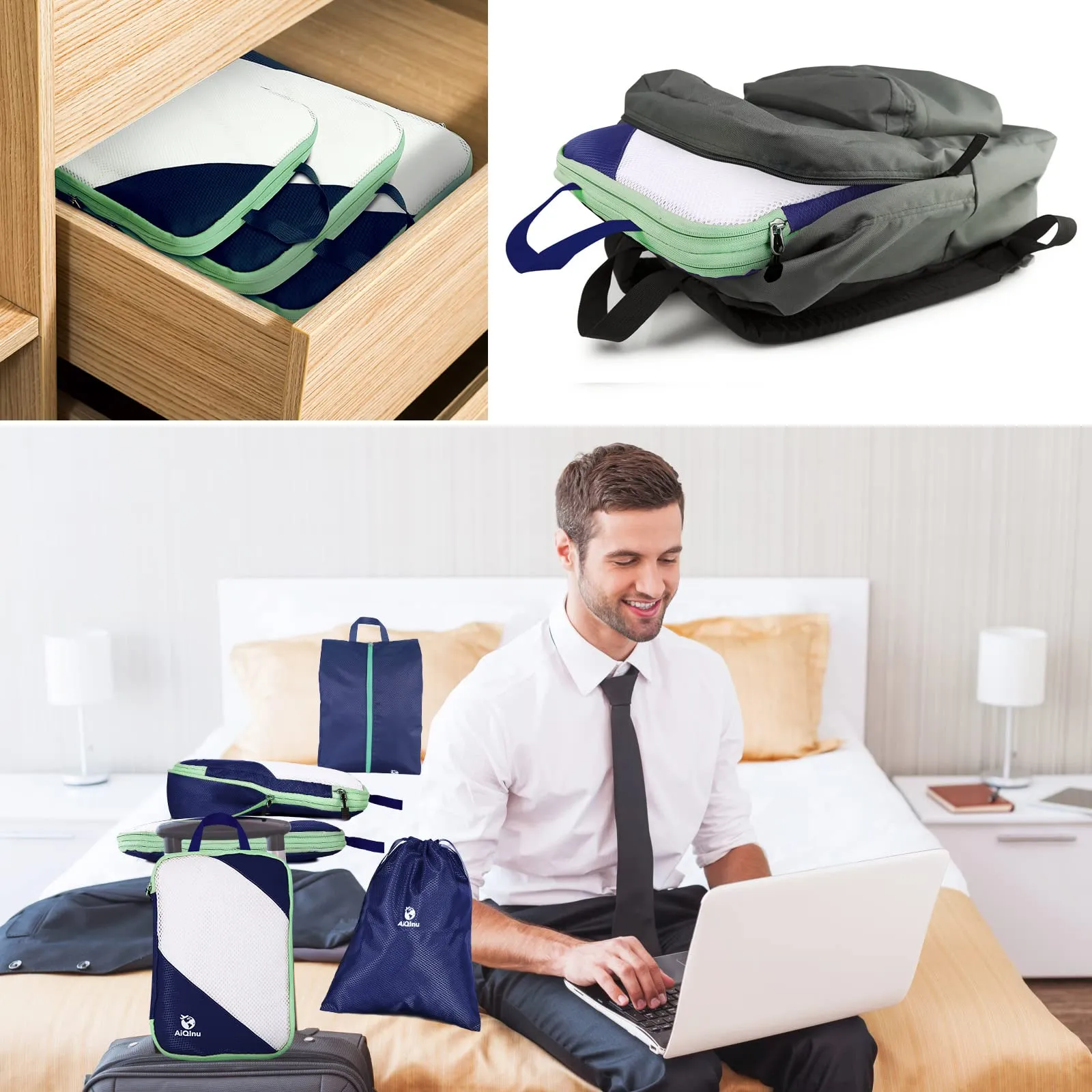 AiQInu Organizer Valigia Set da 5 Pezzi, Packing Cube a Compressione Salvaspazio Espandibile per Vestiti, Scarpe e Intimo (Blu scuro) - immagine 8