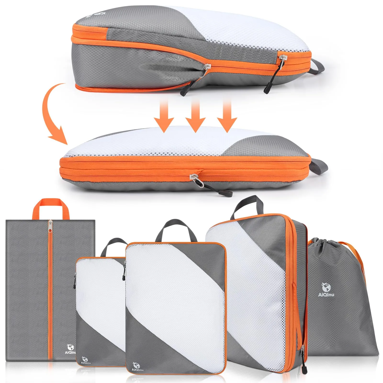AiQInu Organizer Valigia Set da 5 Pezzi, Packing Cube a Compressione Salvaspazio Espandibile per Vestiti, Scarpe e Intimo - immagine 1