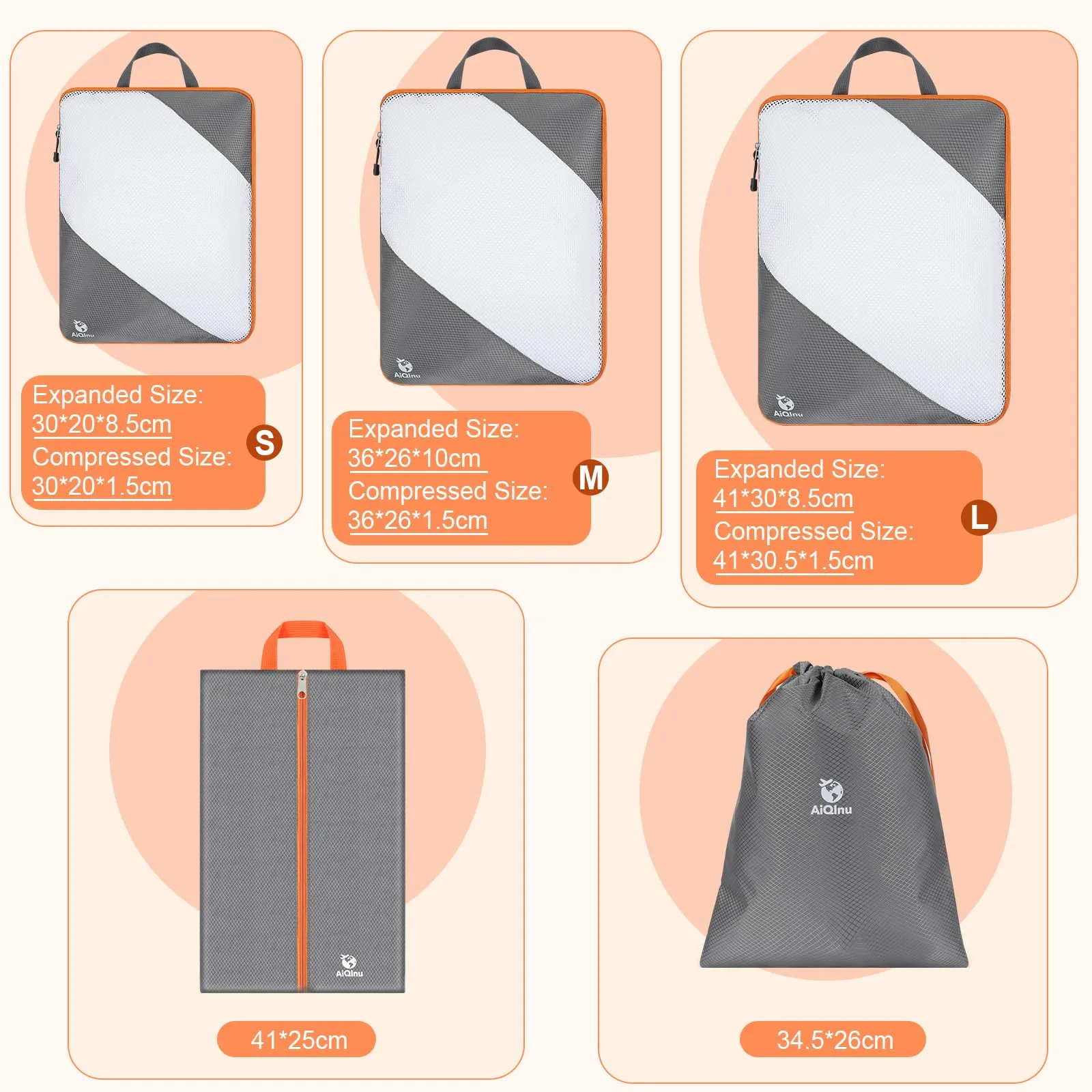 AiQInu Organizer Valigia Set da 5 Pezzi, Packing Cube a Compressione Salvaspazio Espandibile per Vestiti, Scarpe e Intimo - immagine 4