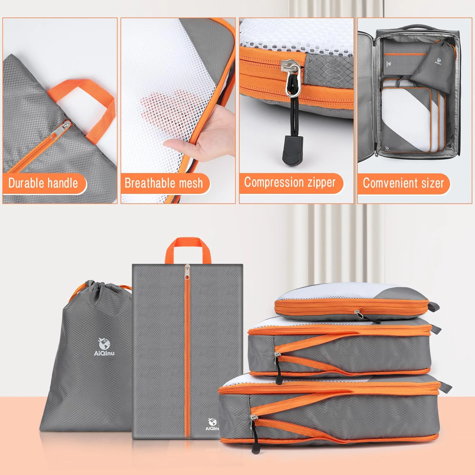 AiQInu Organizer Valigia Set da 5 Pezzi, Packing Cube a Compressione Salvaspazio Espandibile per Vestiti, Scarpe e Intimo - immagine 5
