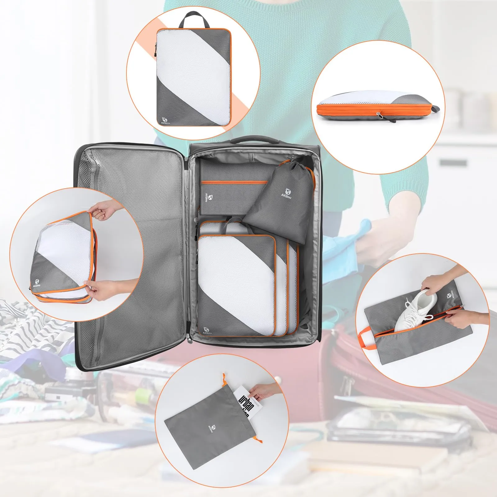 AiQInu Organizer Valigia Set da 5 Pezzi, Packing Cube a Compressione Salvaspazio Espandibile per Vestiti, Scarpe e Intimo - immagine 7