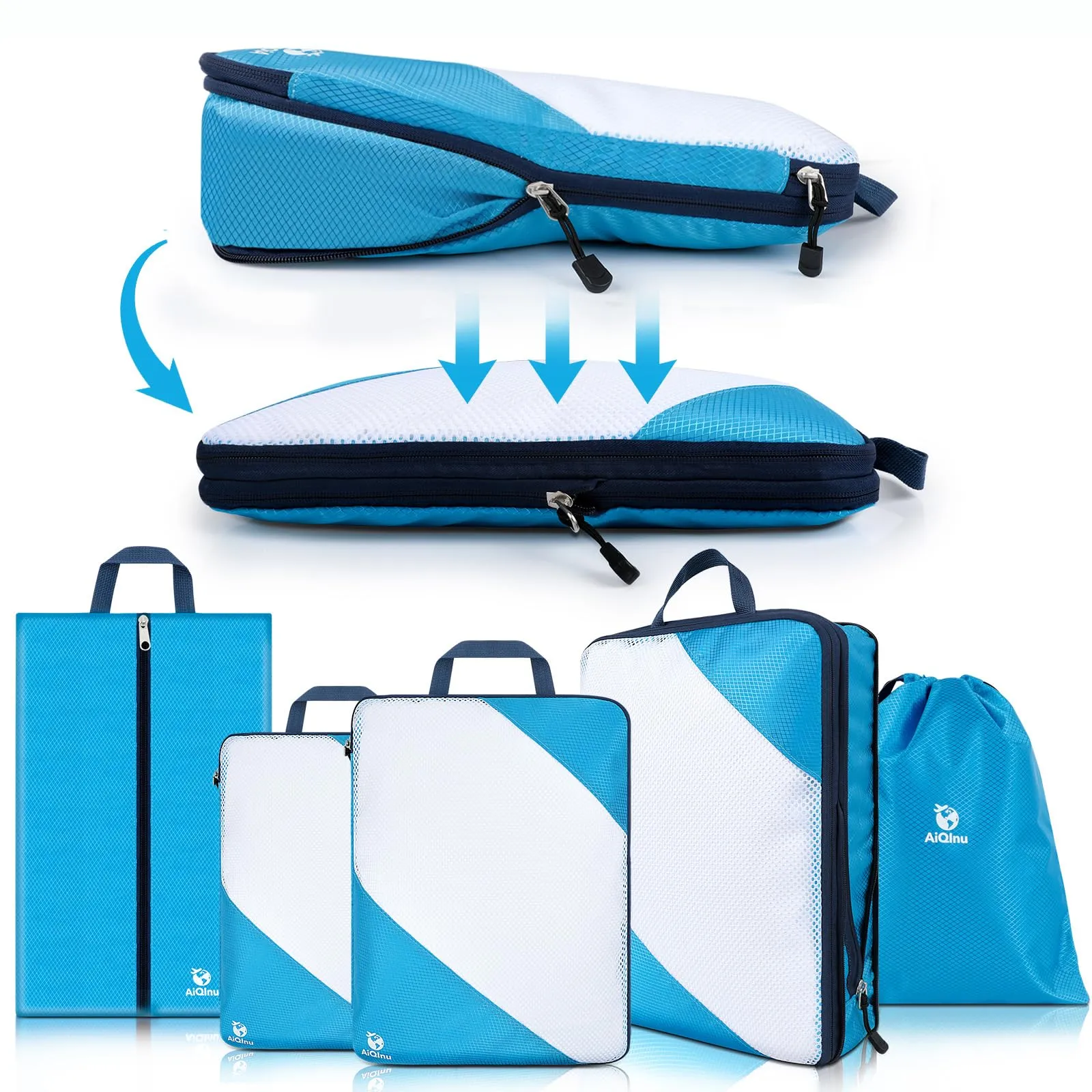 AiQInu Organizer Valigia Set da 5 Pezzi, Packing Cube a Compressione Salvaspazio Espandibile per Vestiti, Scarpe e Intimo - immagine 1
