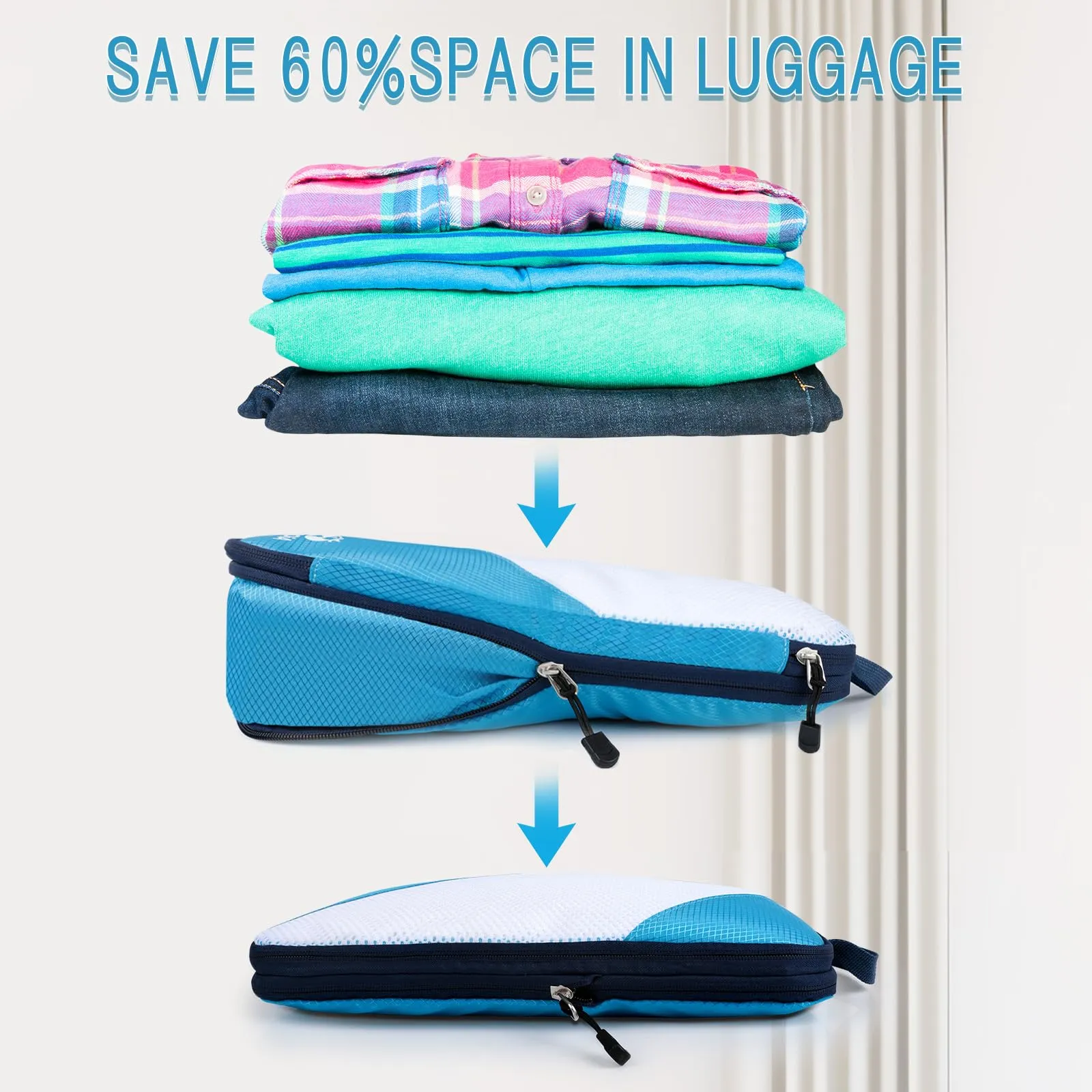AiQInu Organizer Valigia Set da 5 Pezzi, Packing Cube a Compressione Salvaspazio Espandibile per Vestiti, Scarpe e Intimo - immagine 2