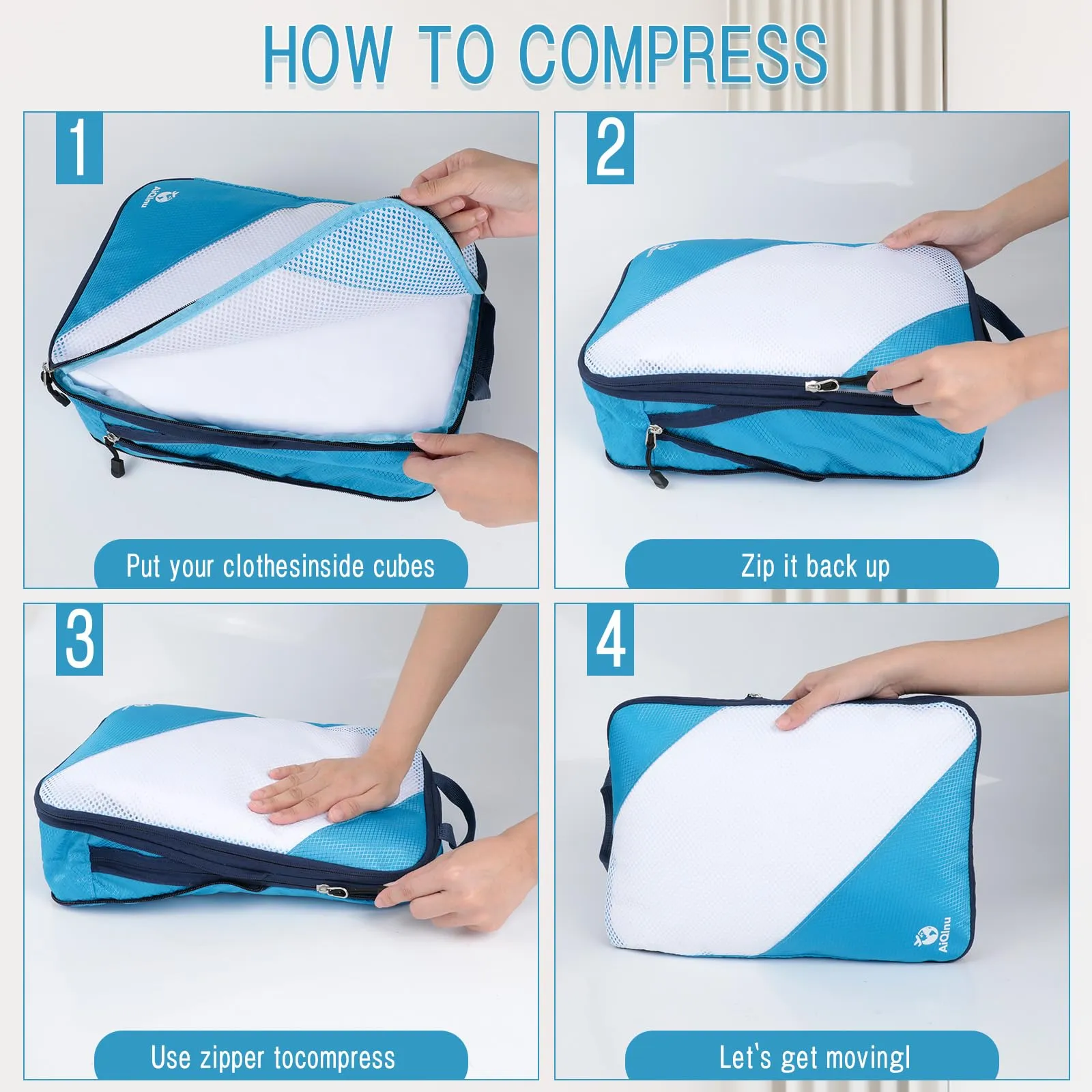 AiQInu Organizer Valigia Set da 5 Pezzi, Packing Cube a Compressione Salvaspazio Espandibile per Vestiti, Scarpe e Intimo - immagine 3