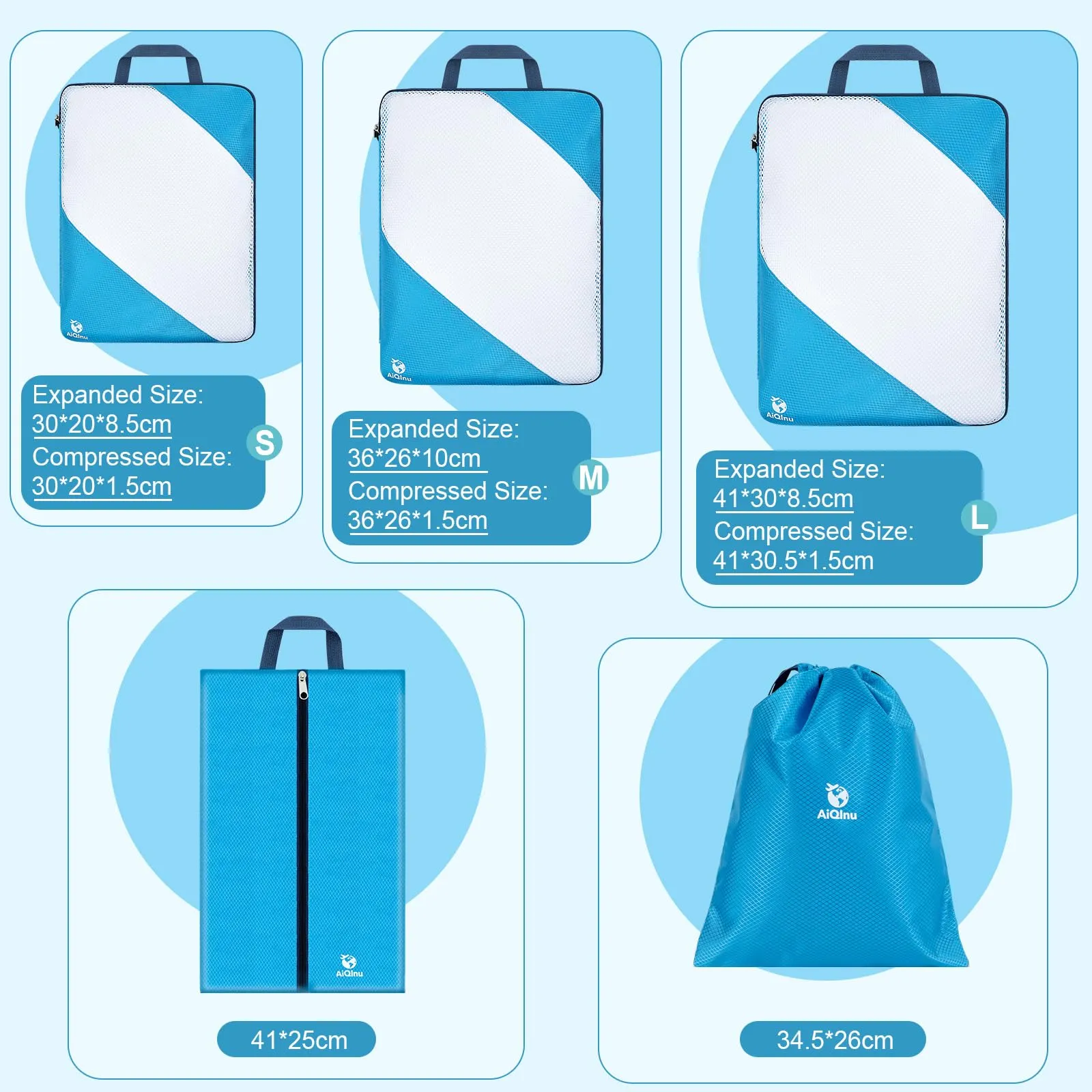 AiQInu Organizer Valigia Set da 5 Pezzi, Packing Cube a Compressione Salvaspazio Espandibile per Vestiti, Scarpe e Intimo - immagine 4