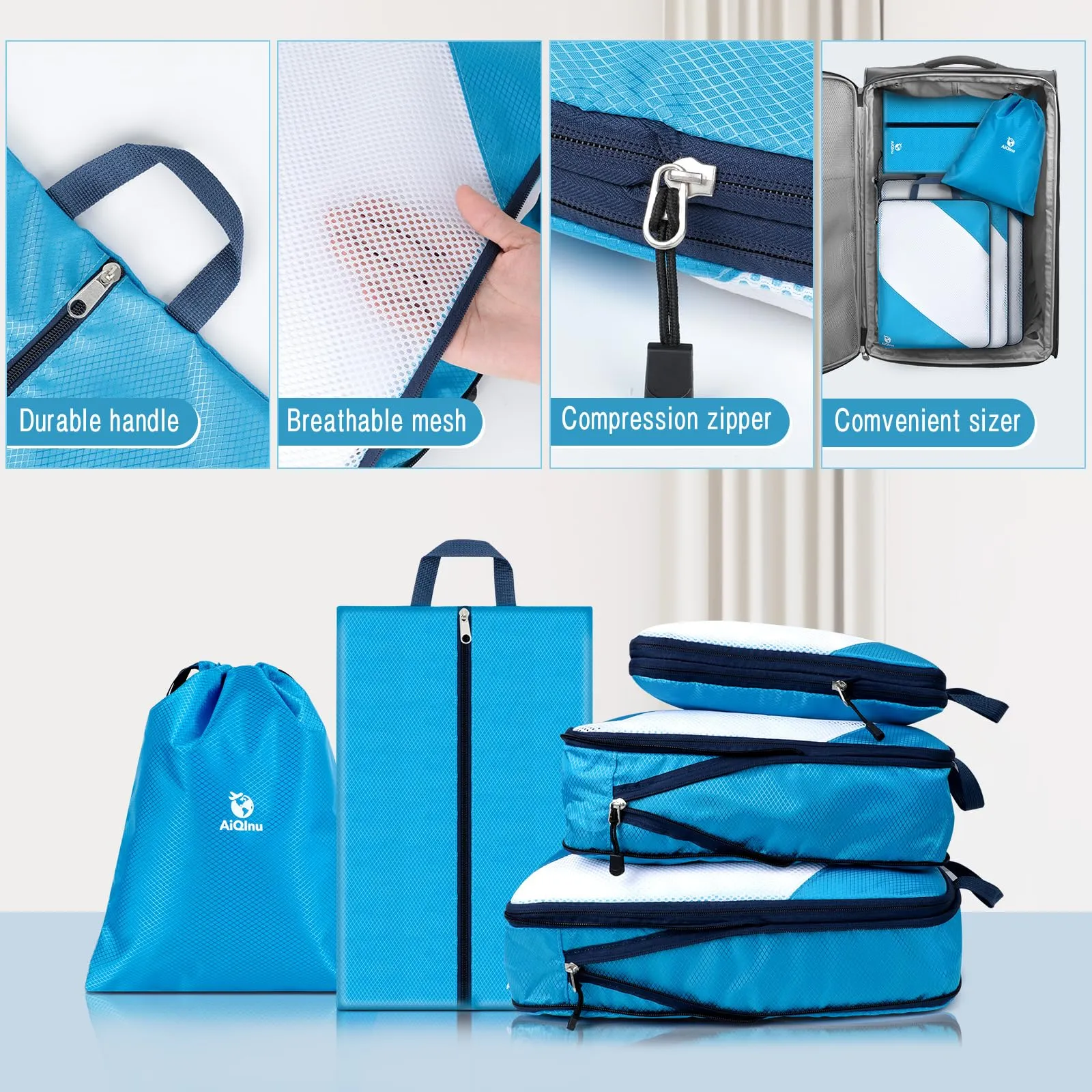 AiQInu Organizer Valigia Set da 5 Pezzi, Packing Cube a Compressione Salvaspazio Espandibile per Vestiti, Scarpe e Intimo - immagine 5