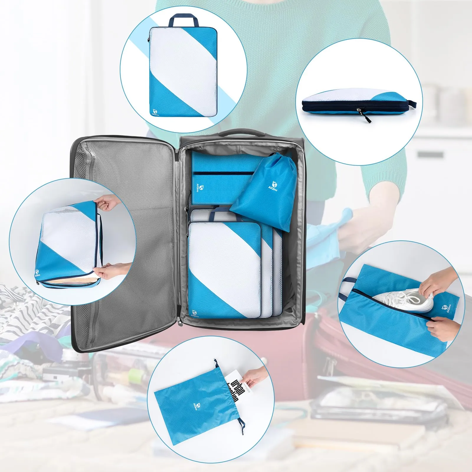 AiQInu Organizer Valigia Set da 5 Pezzi, Packing Cube a Compressione Salvaspazio Espandibile per Vestiti, Scarpe e Intimo - immagine 7