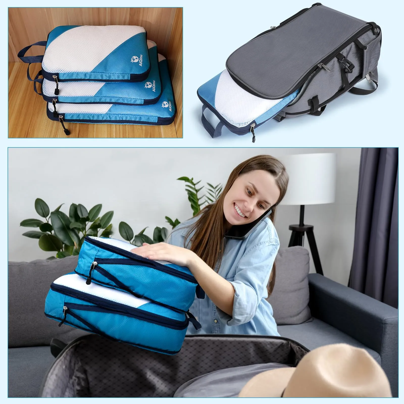 AiQInu Organizer Valigia Set da 5 Pezzi, Packing Cube a Compressione Salvaspazio Espandibile per Vestiti, Scarpe e Intimo - immagine 8