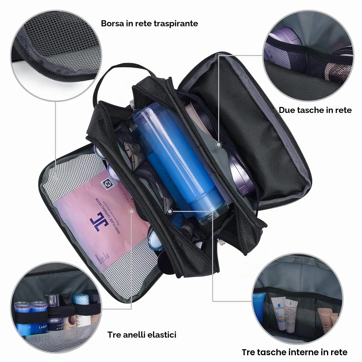 WANDF Beauty Bag Toiletry Bag for Men & Women, A-Pure Black - immagine 2