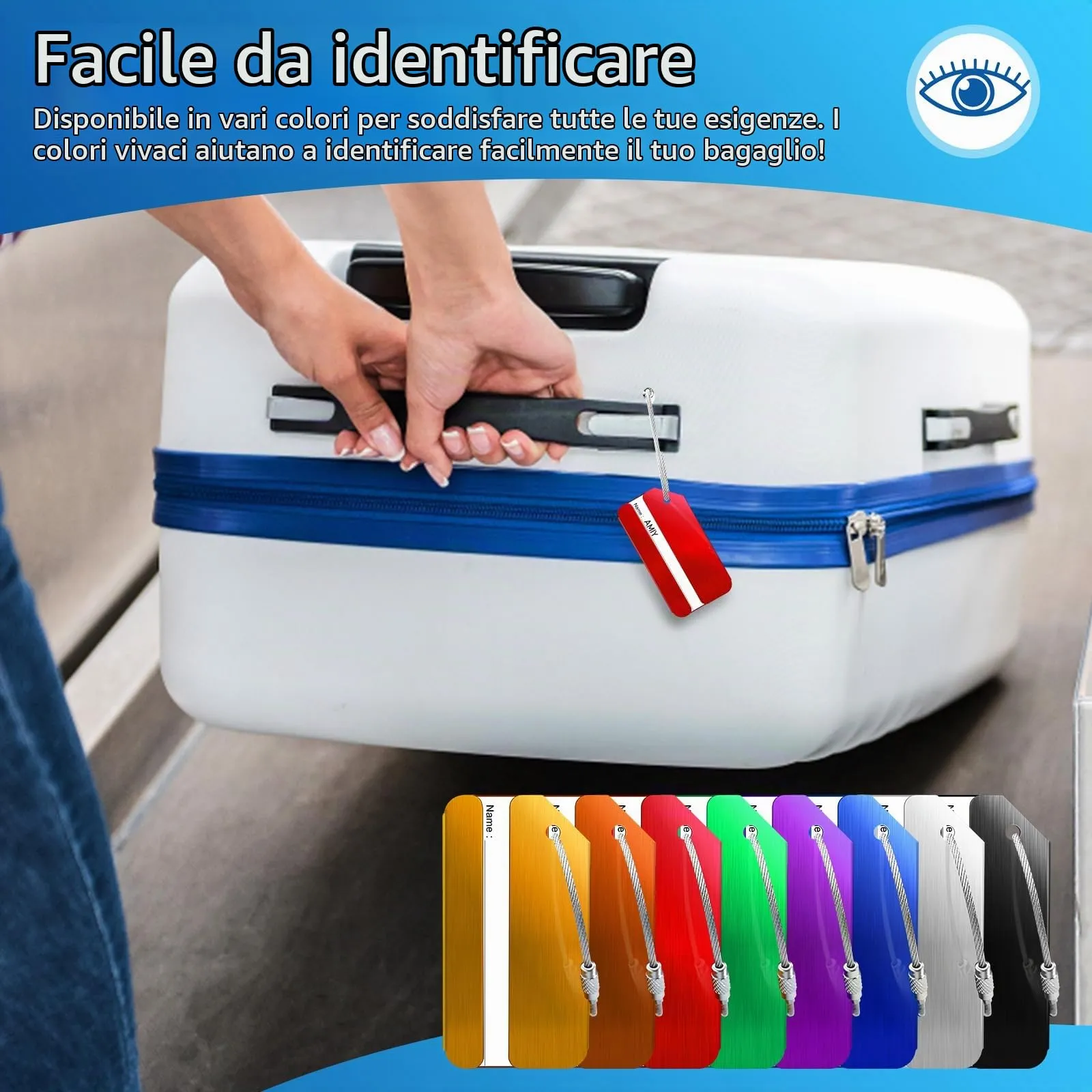 Wonwood_direct Etichette per Bagagli in Alluminio e Acciaio Inox, Confezione da 8 Pezzi Colorate - immagine 6