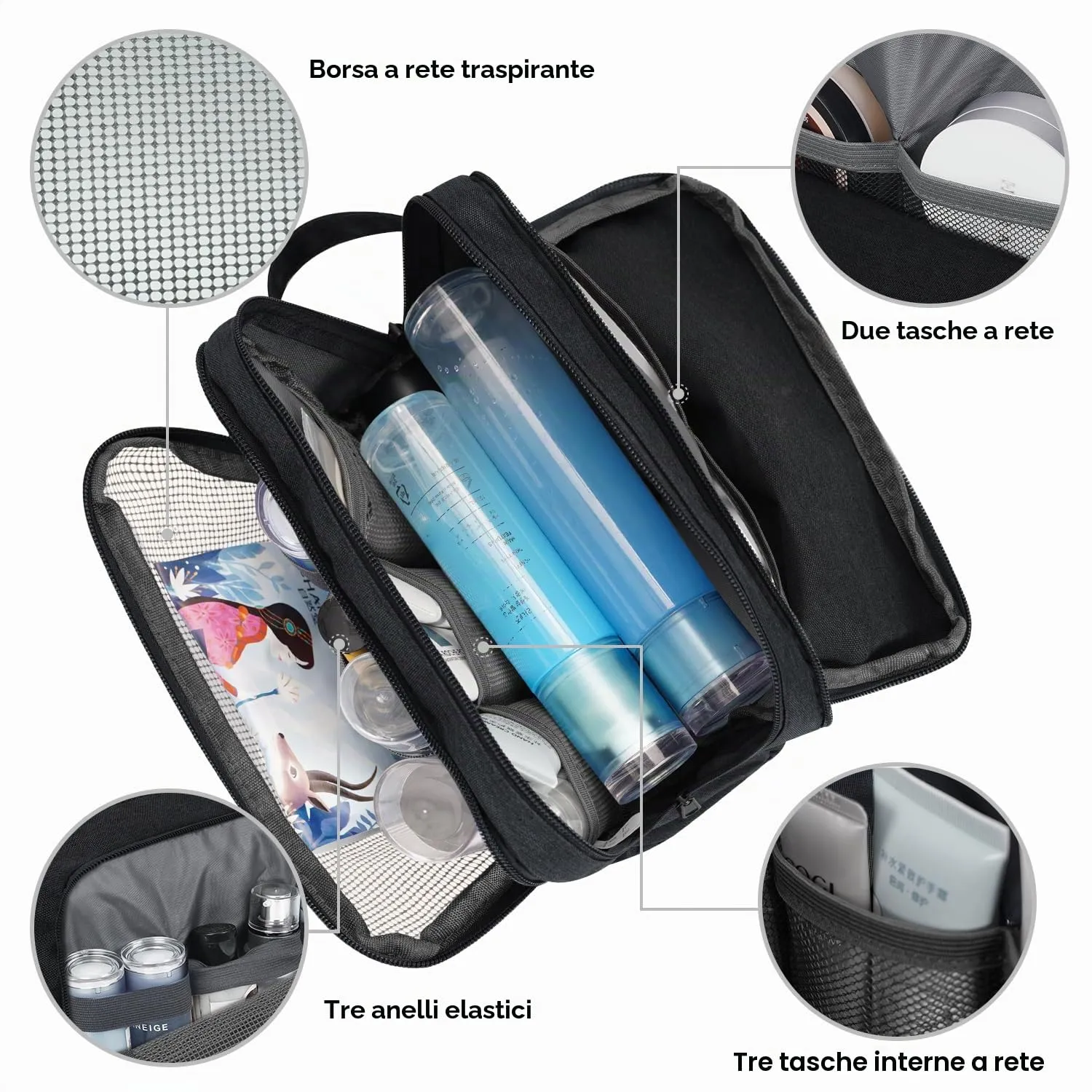 WANDF Borsa da Toilette per Uomo e Donna, A-Denim Pure Black - immagine 2