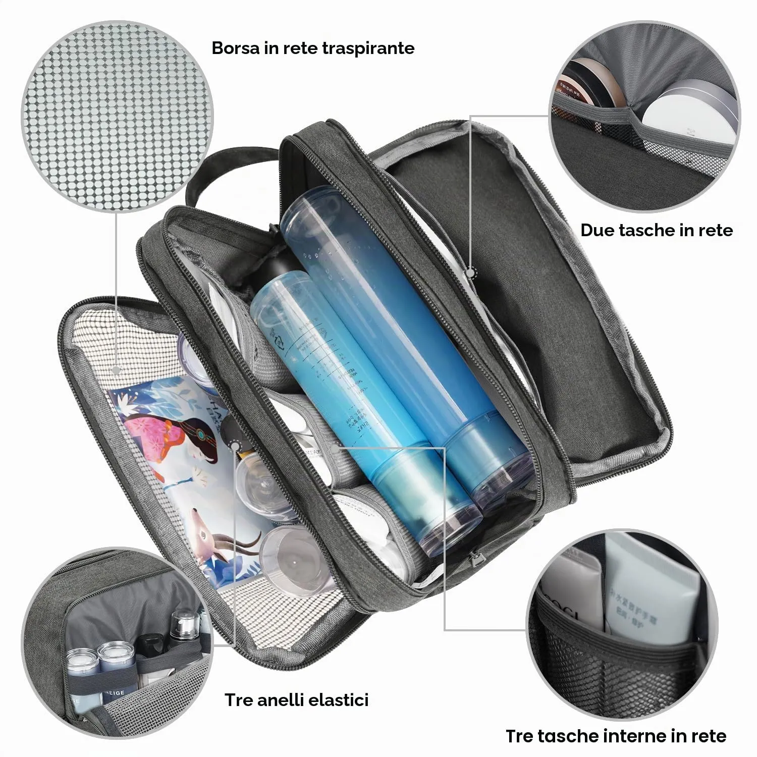 WANDF Borsa da toilette per uomo e donna, A-Denim Pure Grey - immagine 2