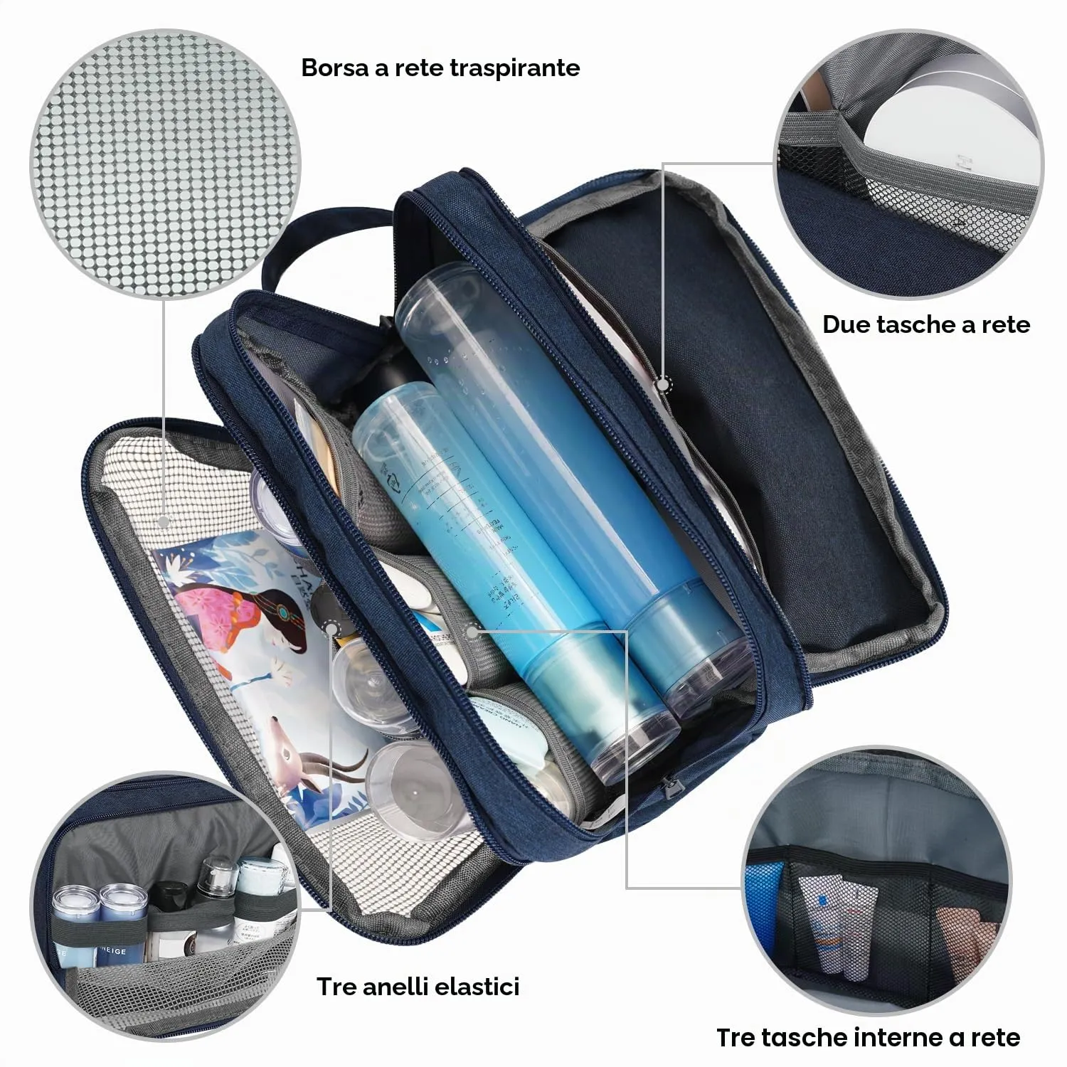 WANDF Borsa da toilette per uomo e donna, A-Denim Pure Navy Blue - immagine 2