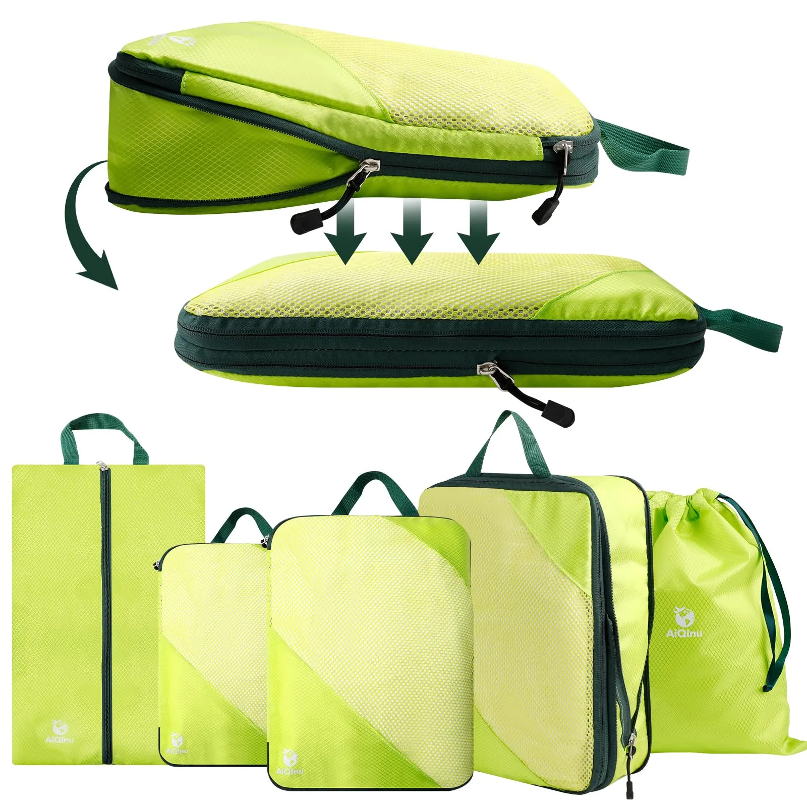 AiQInu Set Organizer Valigia 5 Pezzi, Packing Cube a Compressione Espandibile per Vestiti, Scarpe e Intimo - immagine 1