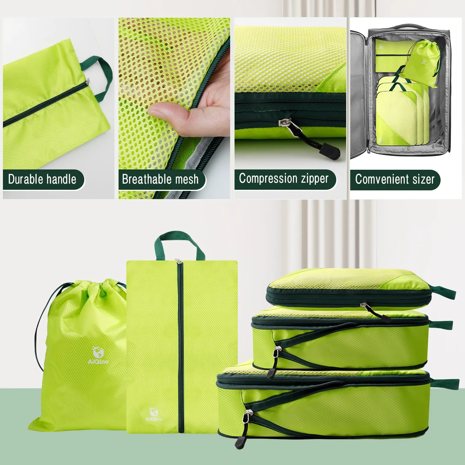 AiQInu Set Organizer Valigia 5 Pezzi, Packing Cube a Compressione Espandibile per Vestiti, Scarpe e Intimo - immagine 5