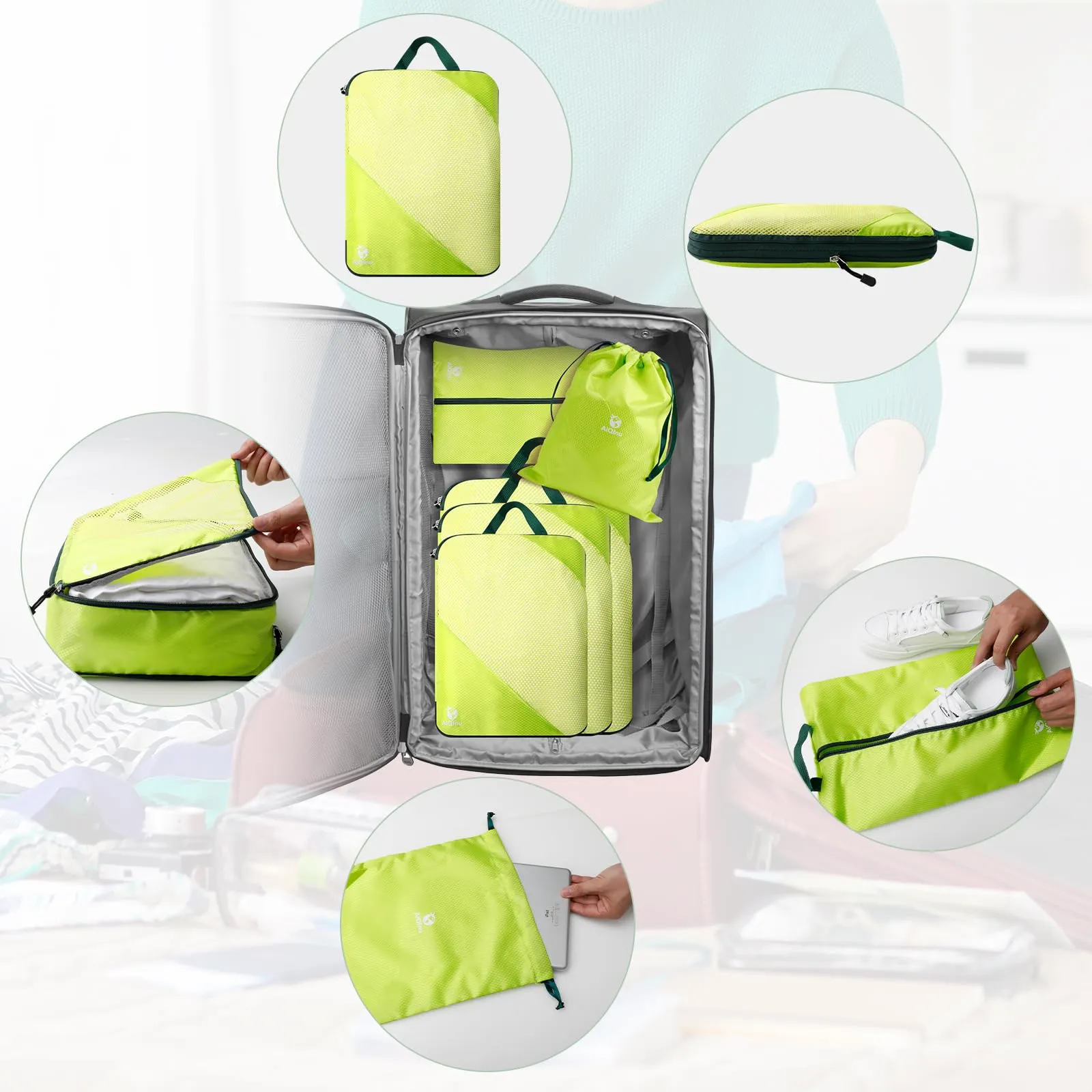 AiQInu Set Organizer Valigia 5 Pezzi, Packing Cube a Compressione Espandibile per Vestiti, Scarpe e Intimo - immagine 7