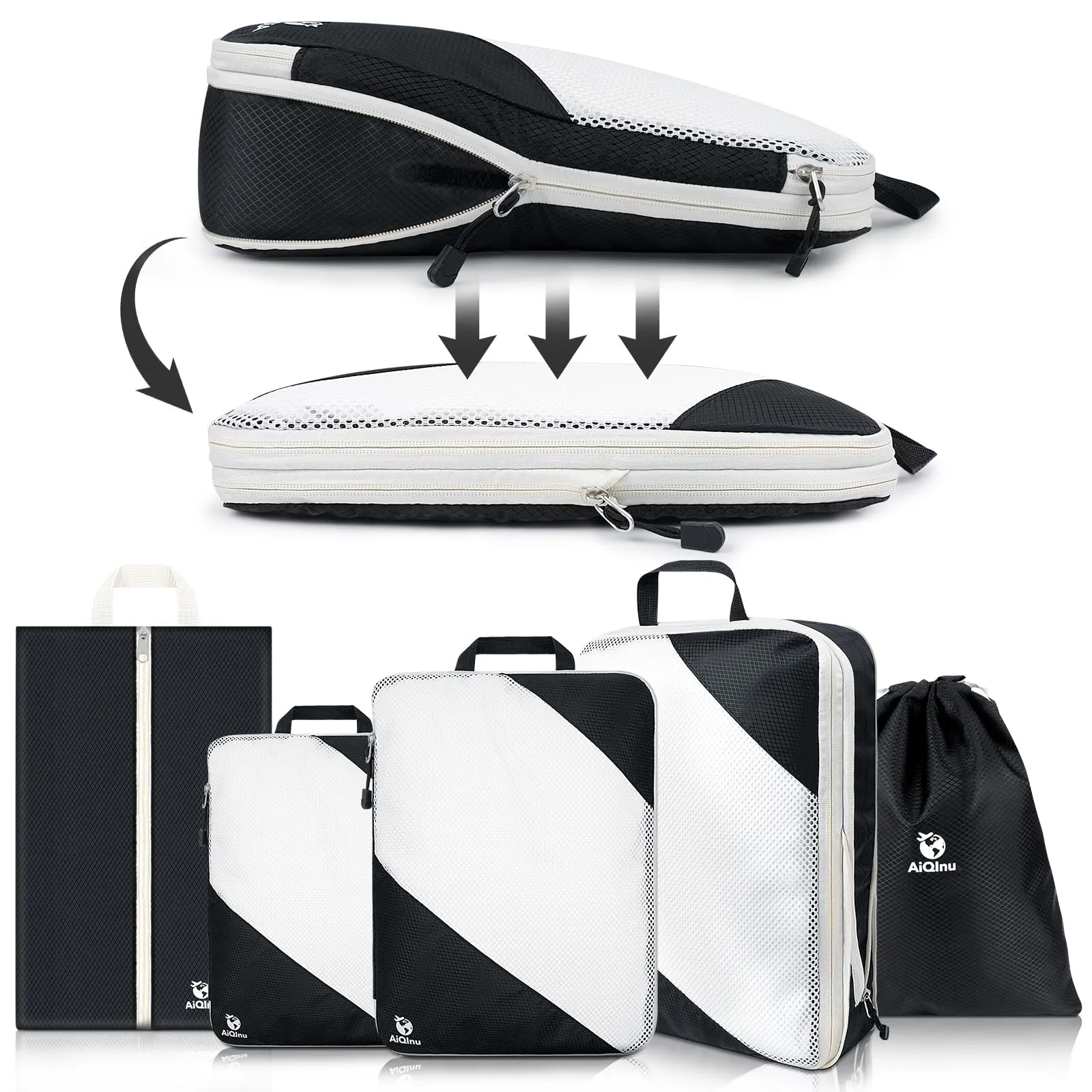 AiQInu Organizer Valigia Set da 5 Pezzi, Packing Cubes a Compressione Salvaspazio Espandibili per Vestiti, Scarpe e Intimo - immagine 1