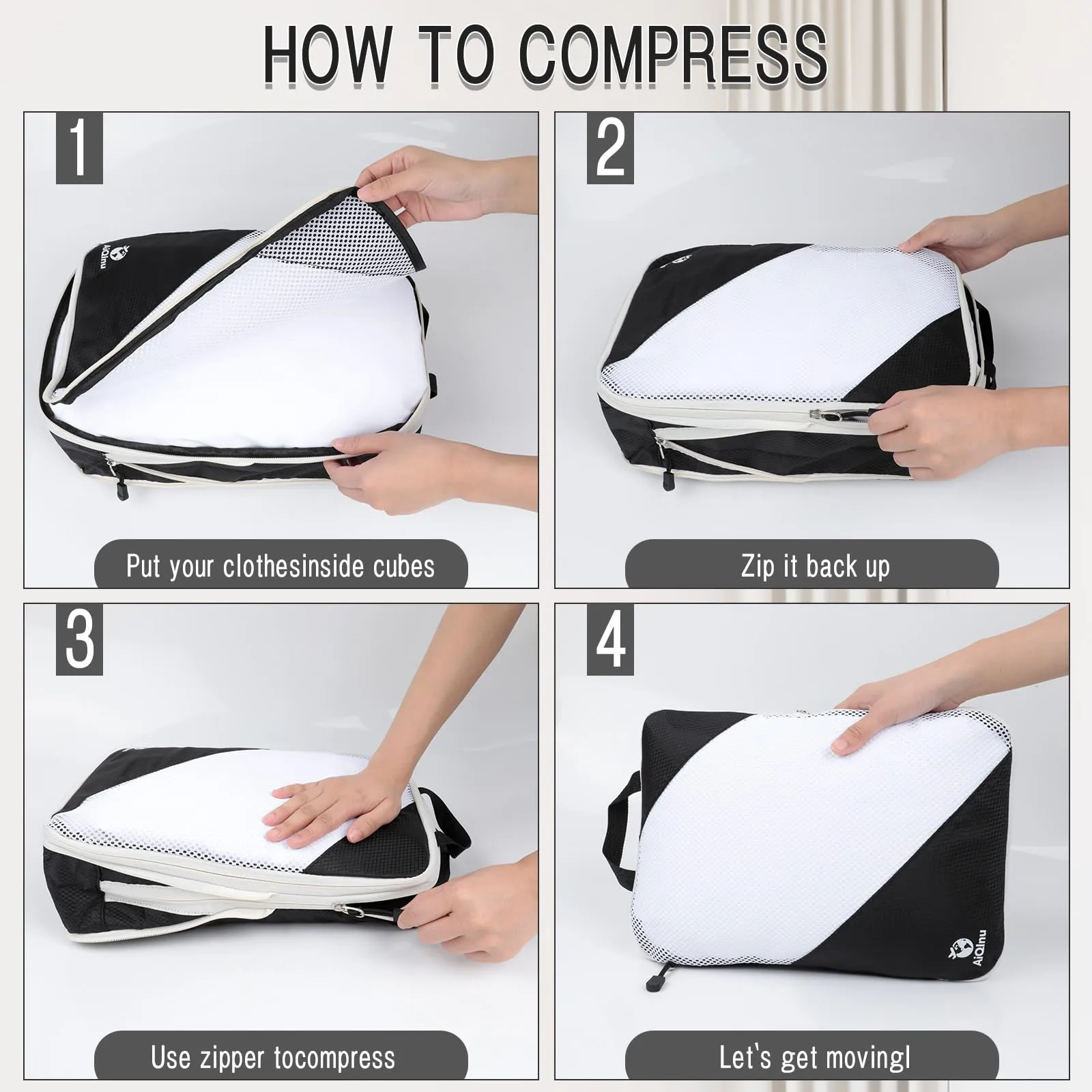 AiQInu Organizer Valigia Set da 5 Pezzi, Packing Cubes a Compressione Salvaspazio Espandibili per Vestiti, Scarpe e Intimo - immagine 3