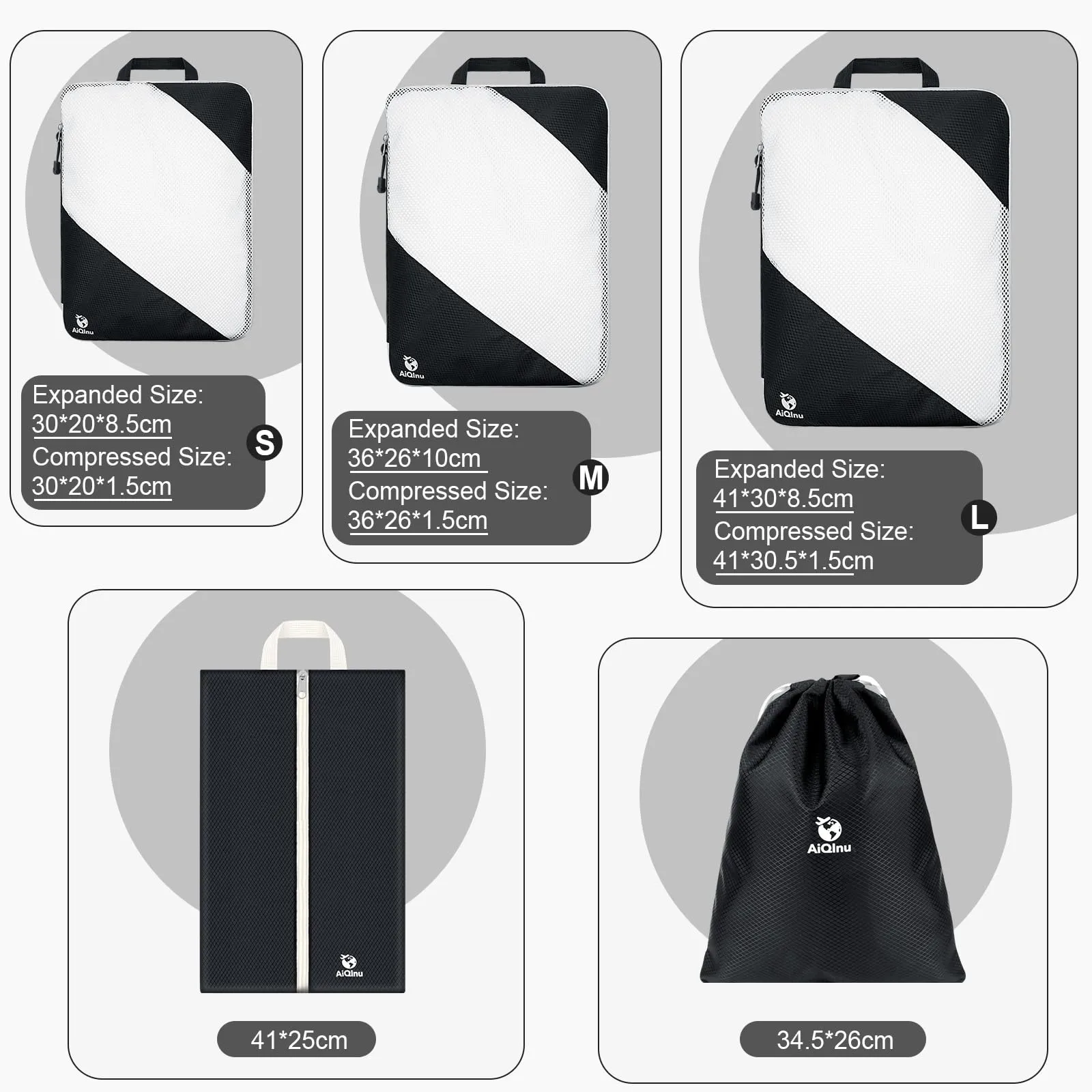 AiQInu Organizer Valigia Set da 5 Pezzi, Packing Cubes a Compressione Salvaspazio Espandibili per Vestiti, Scarpe e Intimo - immagine 4