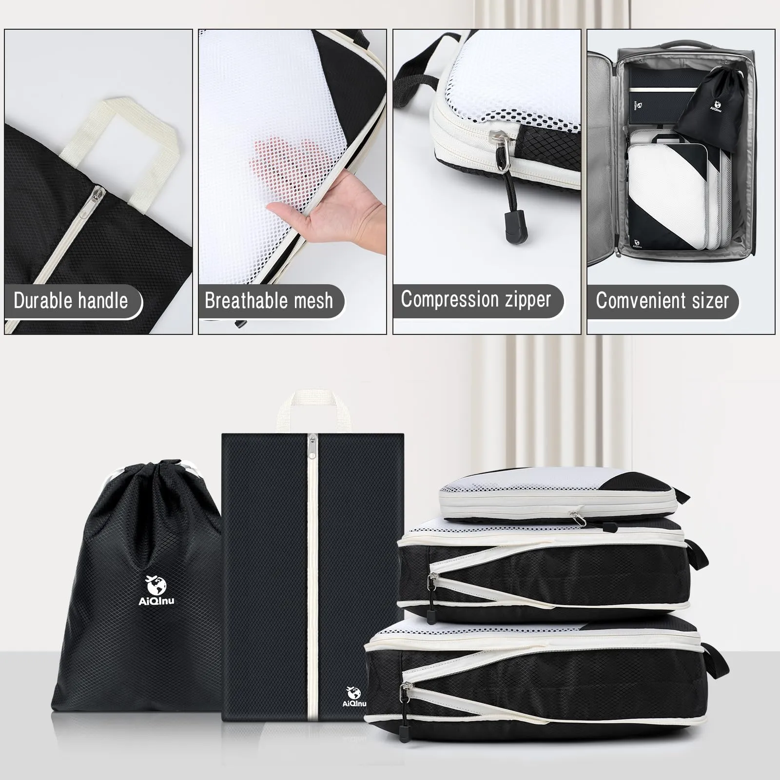 AiQInu Organizer Valigia Set da 5 Pezzi, Packing Cubes a Compressione Salvaspazio Espandibili per Vestiti, Scarpe e Intimo - immagine 5