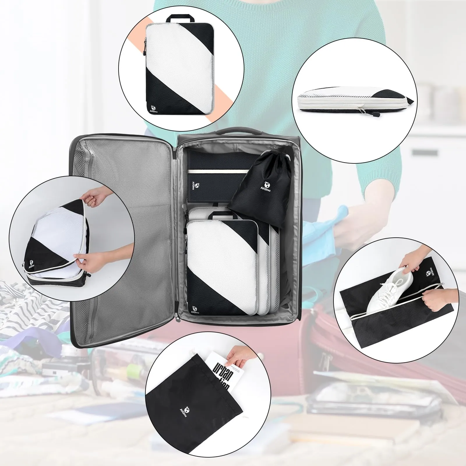AiQInu Organizer Valigia Set da 5 Pezzi, Packing Cubes a Compressione Salvaspazio Espandibili per Vestiti, Scarpe e Intimo - immagine 7