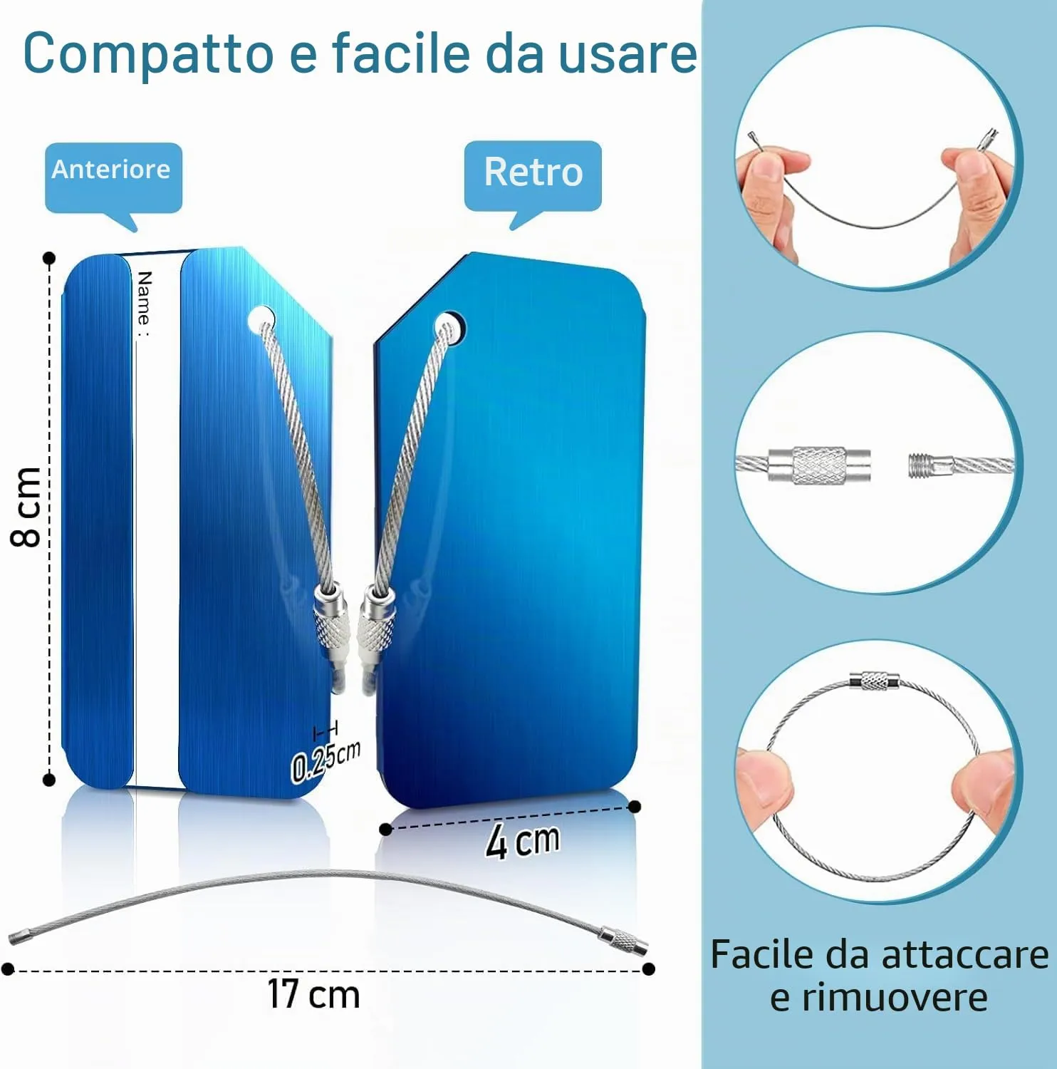 Wonwood_direct Etichette per Bagagli in Alluminio con Cinturino in Acciaio Inossidabile, 4 Pezzi - immagine 3