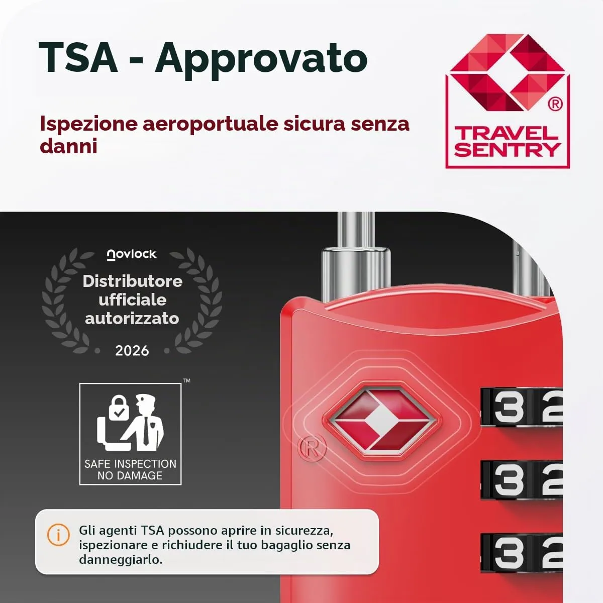 NovLock Lucchetti TSA a combinazione a 4 cifre per valigia e zaino, 2 pezzi, Rosso - immagine 2