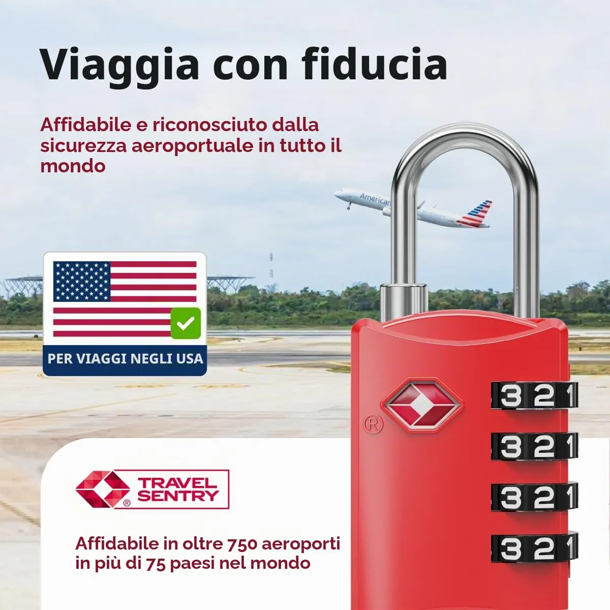 NovLock Lucchetti TSA a combinazione a 4 cifre per valigia e zaino, 2 pezzi, Rosso - immagine 3