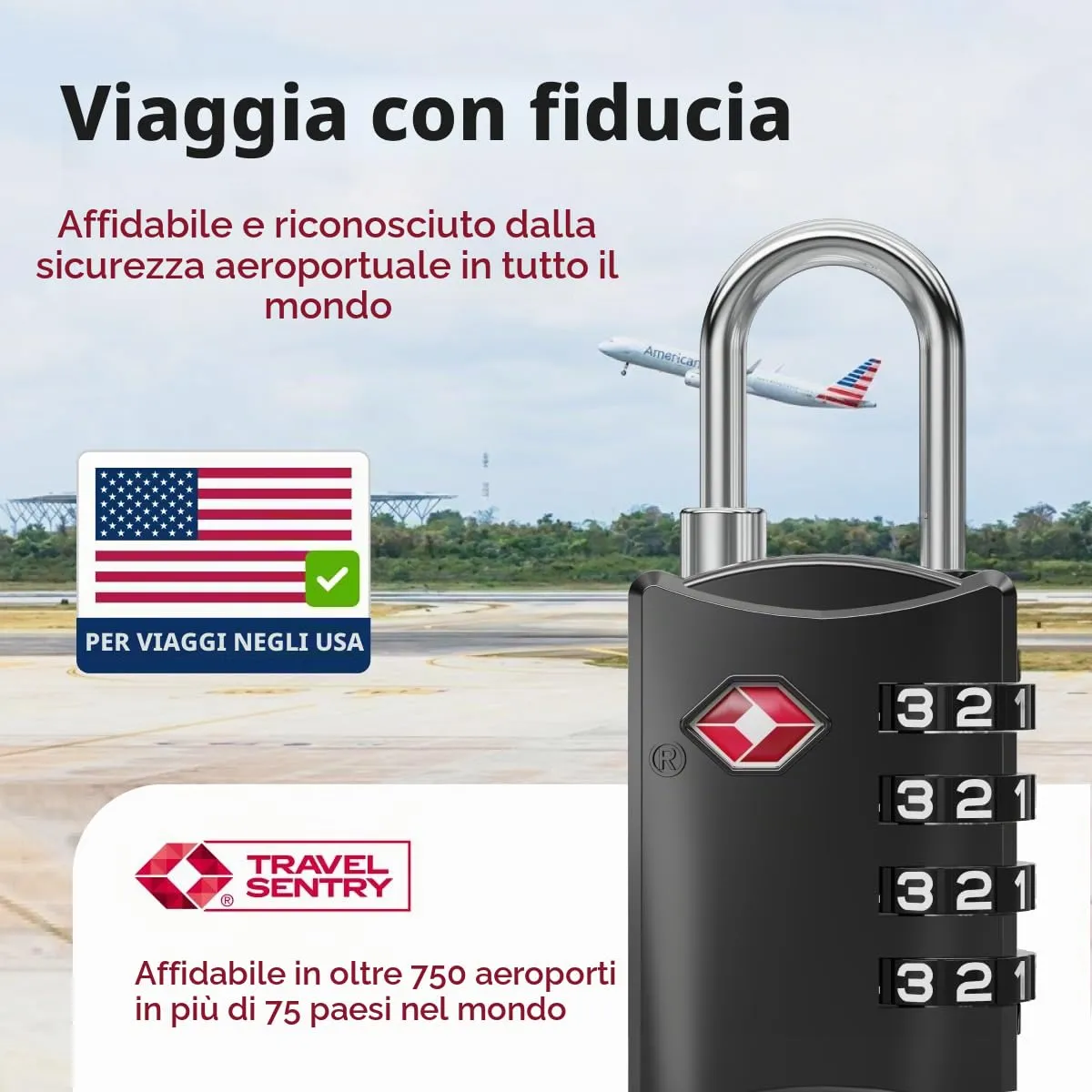 NovLock Lucchetti TSA a combinazione da viaggio a 4 cifre, 3 pezzi, Nero - immagine 3