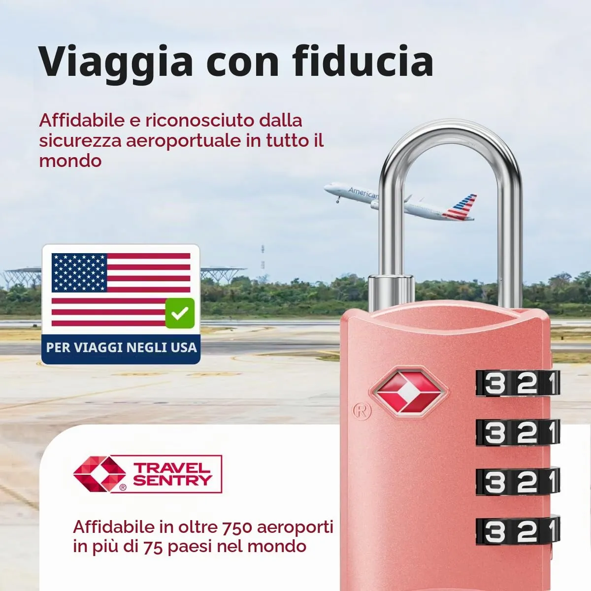 NovLock Lucchetto TSA a combinazione da viaggio a 4 cifre, Rosa - immagine 3