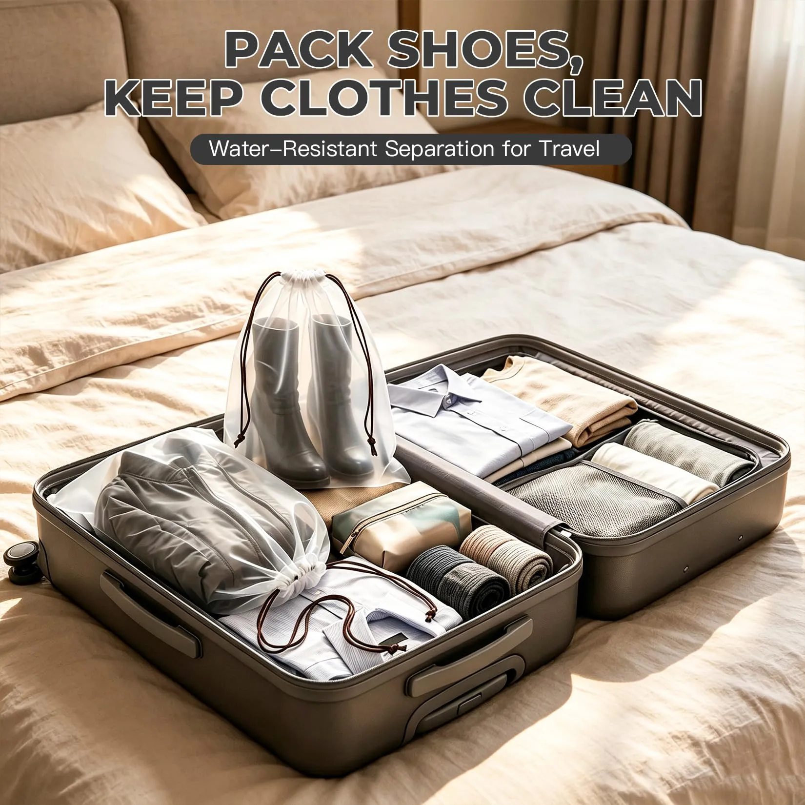 Liuliushun Sacca Scarpe con Cordino per Viaggio, 8 Pezzi, 45x55 cm, Traslucido - immagine 4