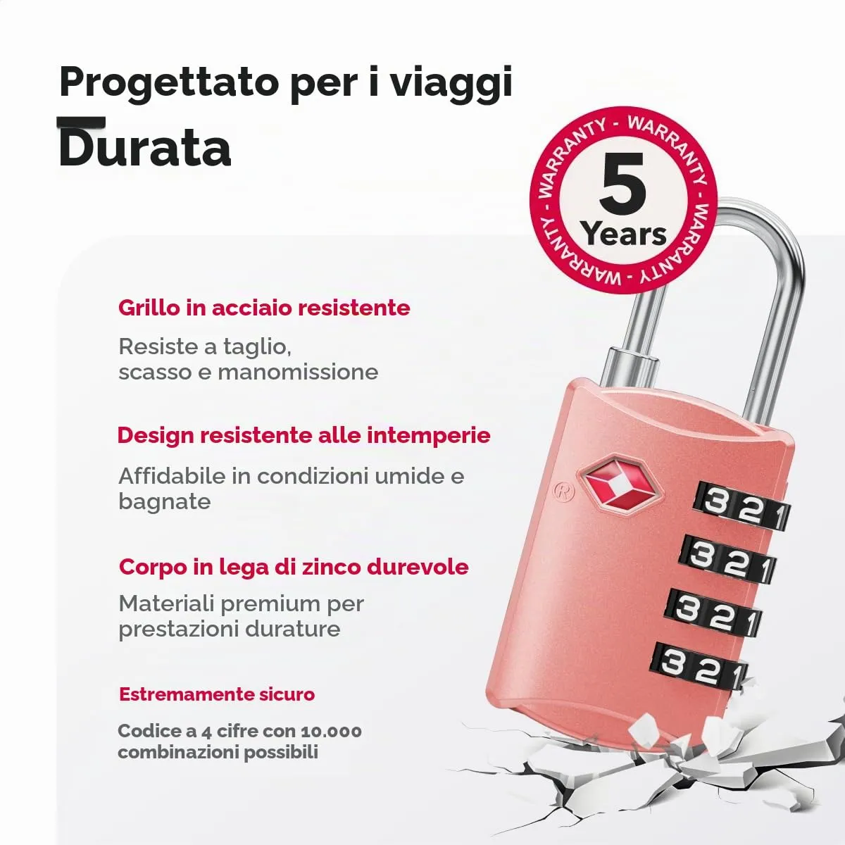 NovLock Lucchetti TSA a combinazione a 4 cifre per valigia, zaino e bagaglio, 4 pezzi, rosa/viola/rosso/rosa chiaro - immagine 6