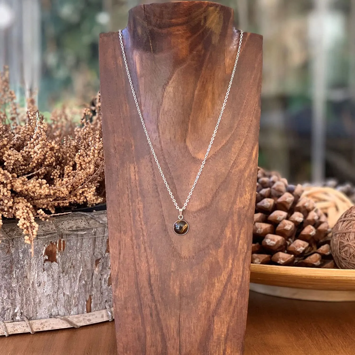ASTER ALHELÍ Collana Donna in Acciaio Inox Argentato con Ciondolo in Pietra Naturale Occhio di Tigre, 45 cm - immagine 2