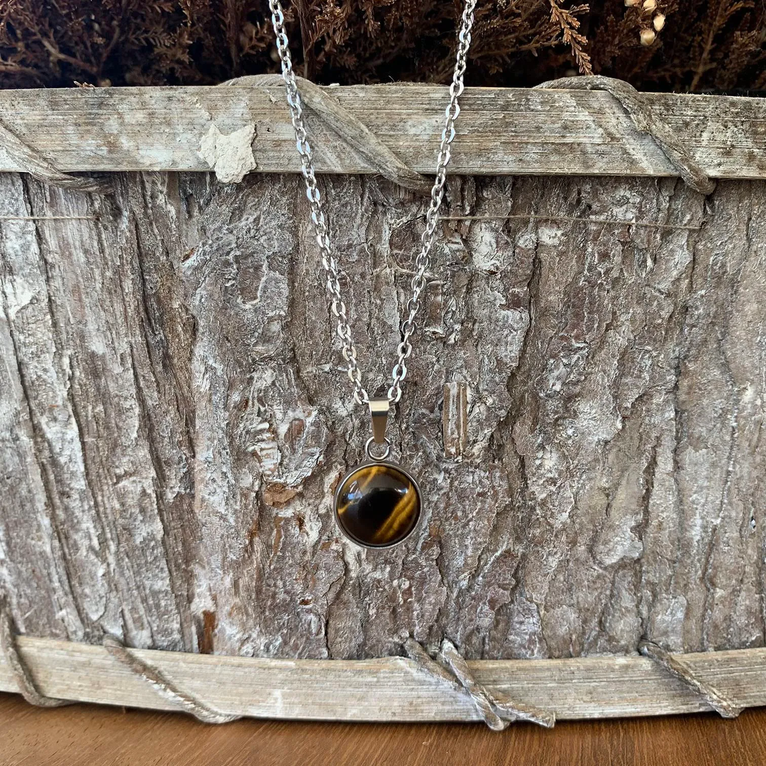 ASTER ALHELÍ Collana Donna in Acciaio Inox Argentato con Ciondolo in Pietra Naturale Occhio di Tigre, 45 cm - immagine 3