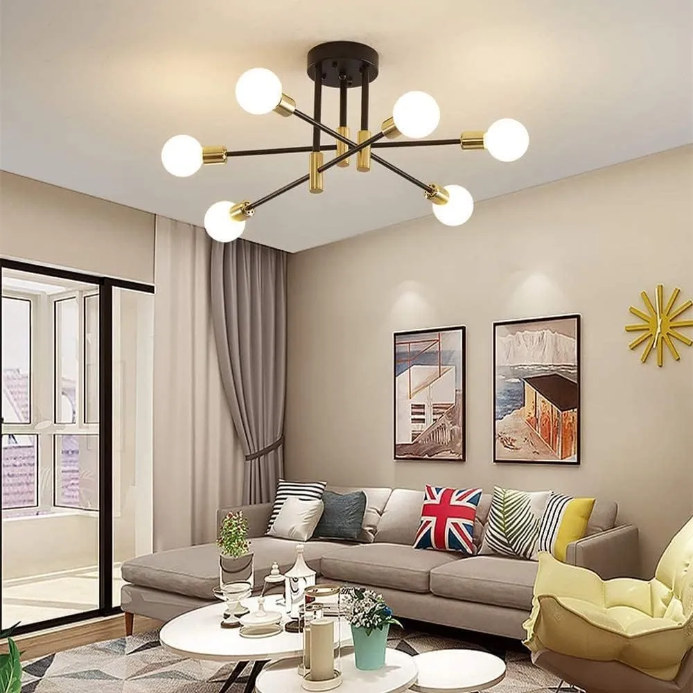Comely Lampadario Sputnik 6 Luci E27 Plafoniera Soffitto Vintage in Metallo, Nero e Oro - immagine 2