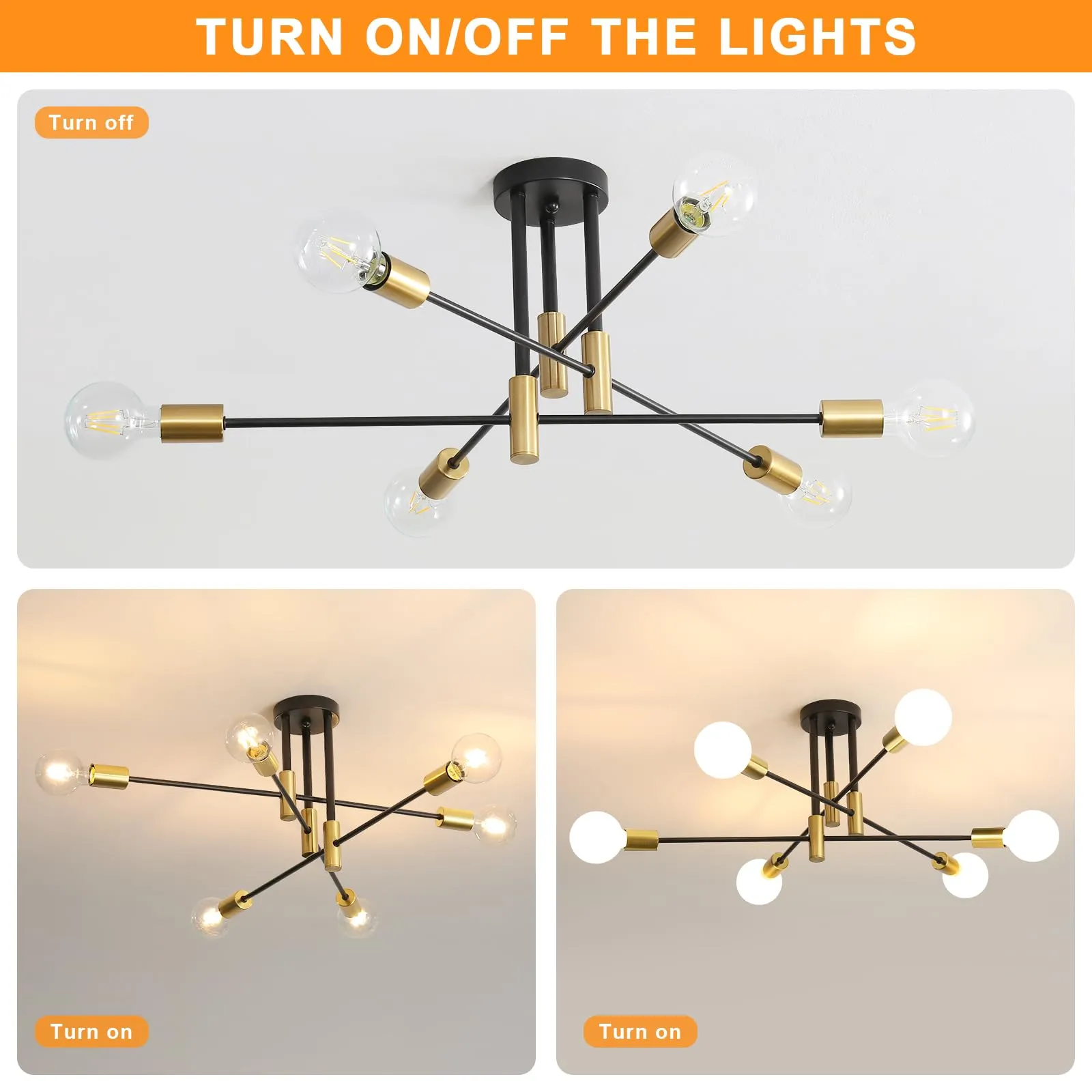Comely Lampadario Sputnik 6 Luci E27 Plafoniera Soffitto Vintage in Metallo, Nero e Oro - immagine 6