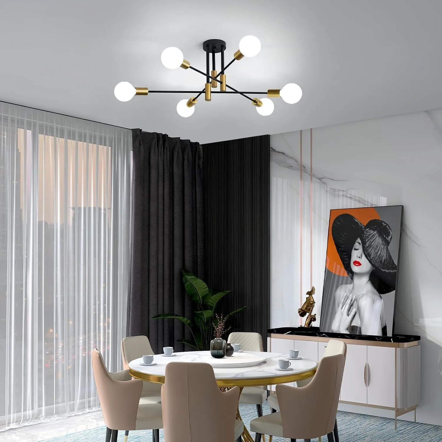 Comely Lampadario Sputnik 6 Luci E27 Plafoniera Soffitto Vintage in Metallo, Nero e Oro - immagine 8
