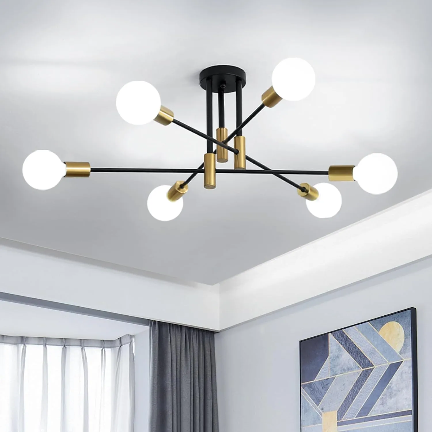 Comely Lampadario Sputnik 6 Luci E27 Plafoniera Soffitto Vintage in Metallo, Nero e Oro - immagine 9