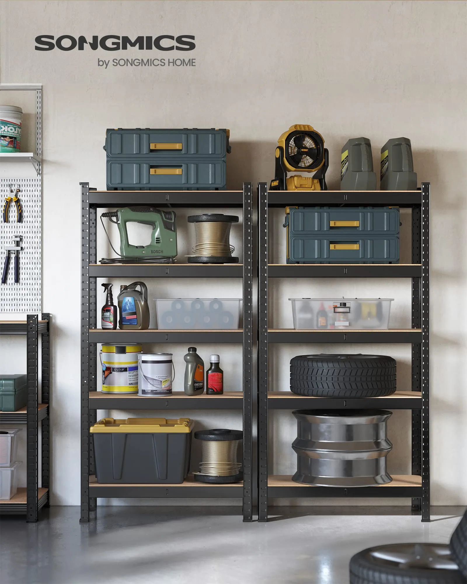 SONGMICS Set di 2 Scaffali in Metallo a 5 Ripiani Regolabili, 30 x 75 x 150 cm, Nero GLR030B22 - immagine 2